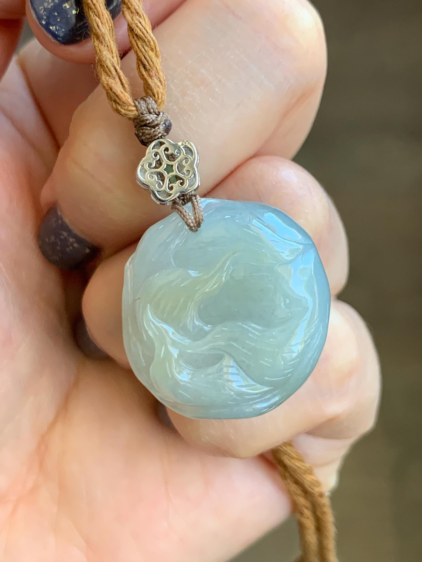 Natural Grade A Icy Translucent Gelatinous Dusty Teal Jade Jadeite Carved Nine-Tailed Fox Pendant Rope Necklace 26" 天然老种冰胶晴蓝翡翠九尾狐梅花吊坠 JWWB