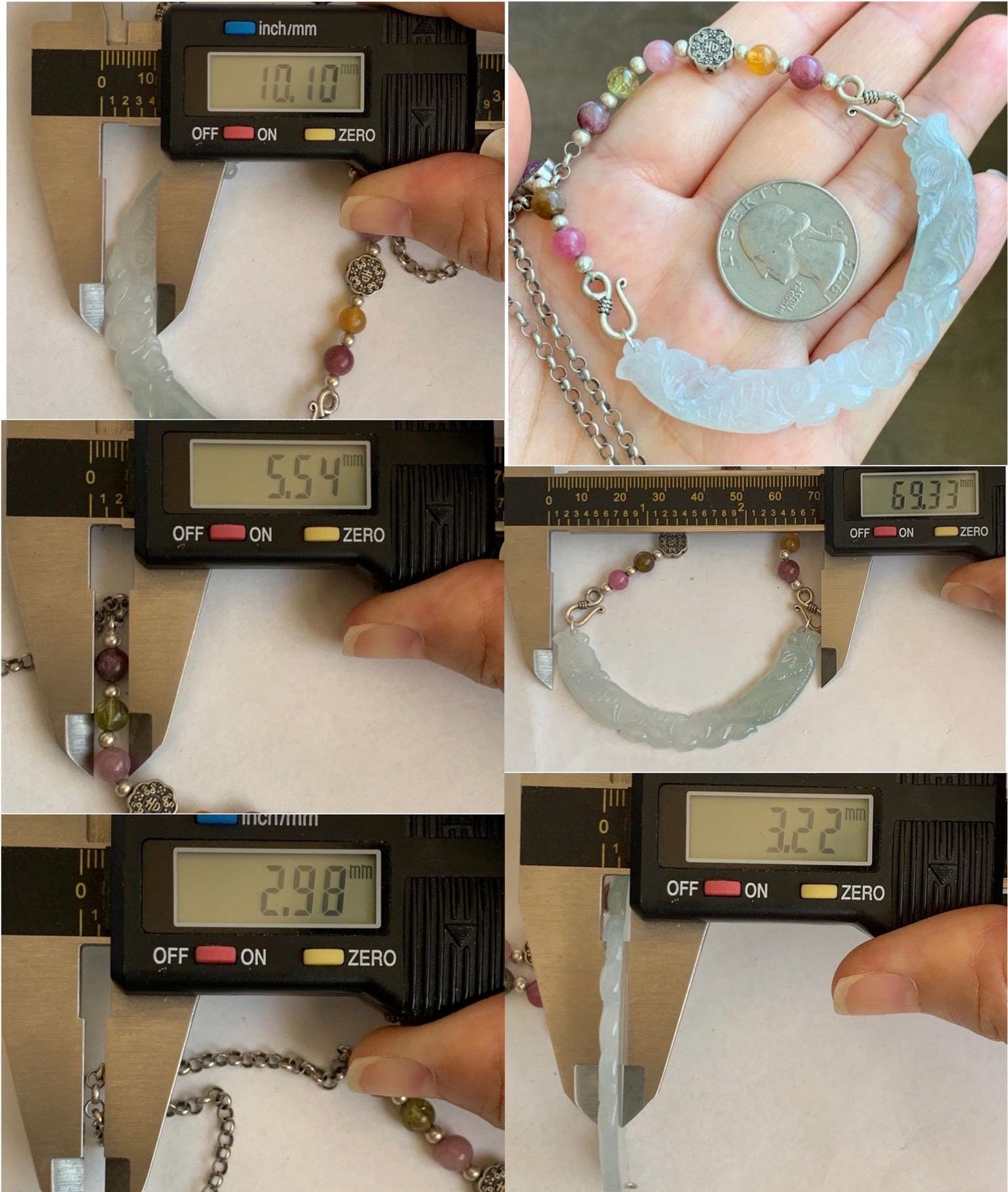 Natural Icy Translucent Pastel Green Marbled Jadeite Double Fish Lotus Flower Crescent Pendant Sterling Silver Necklace 24" 天然冰胶翡翠双鱼玉横银项链 TM