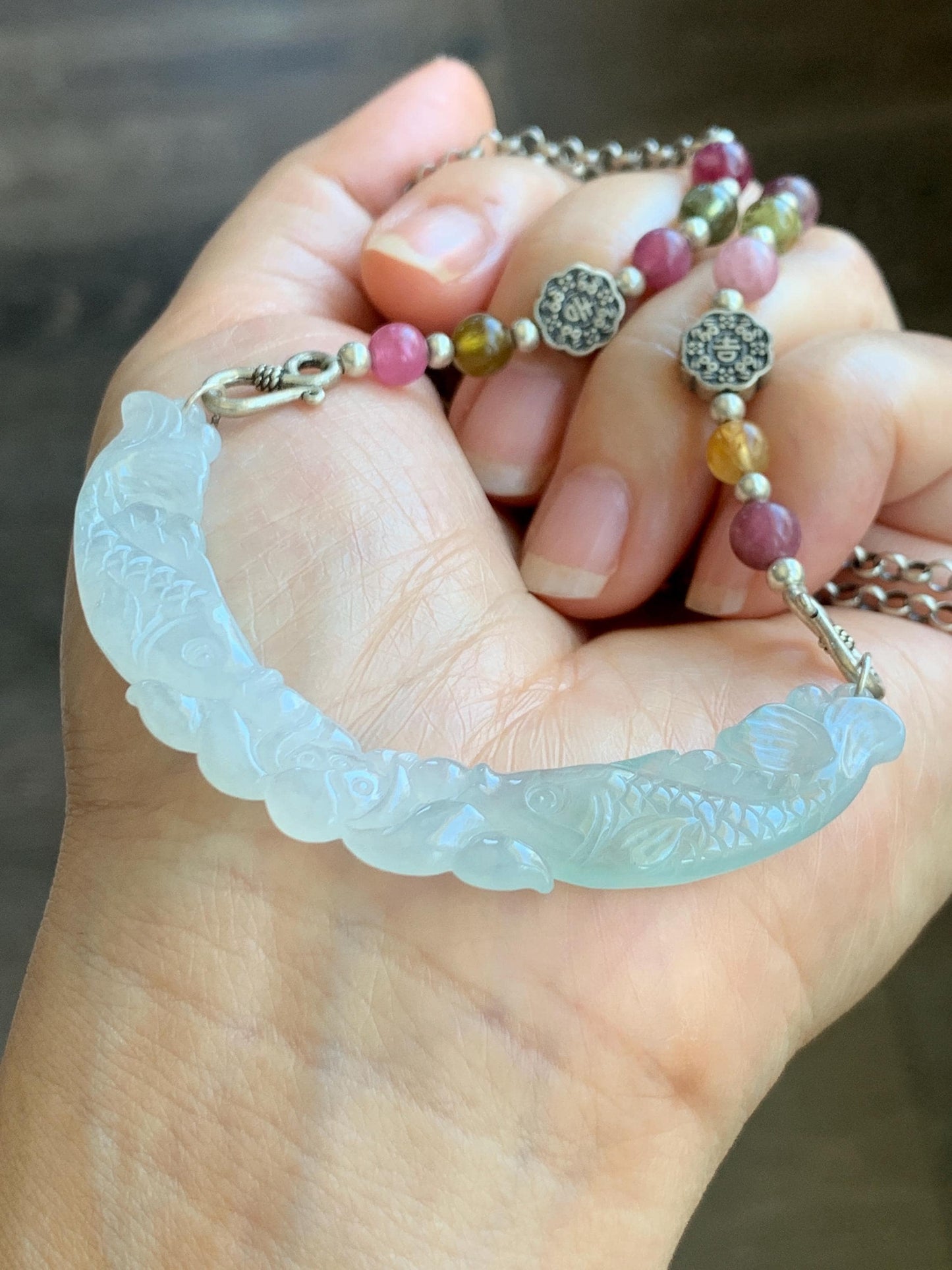Natural Icy Translucent Pastel Green Marbled Jadeite Double Fish Lotus Flower Crescent Pendant Sterling Silver Necklace 24" 天然冰胶翡翠双鱼玉横银项链 TM