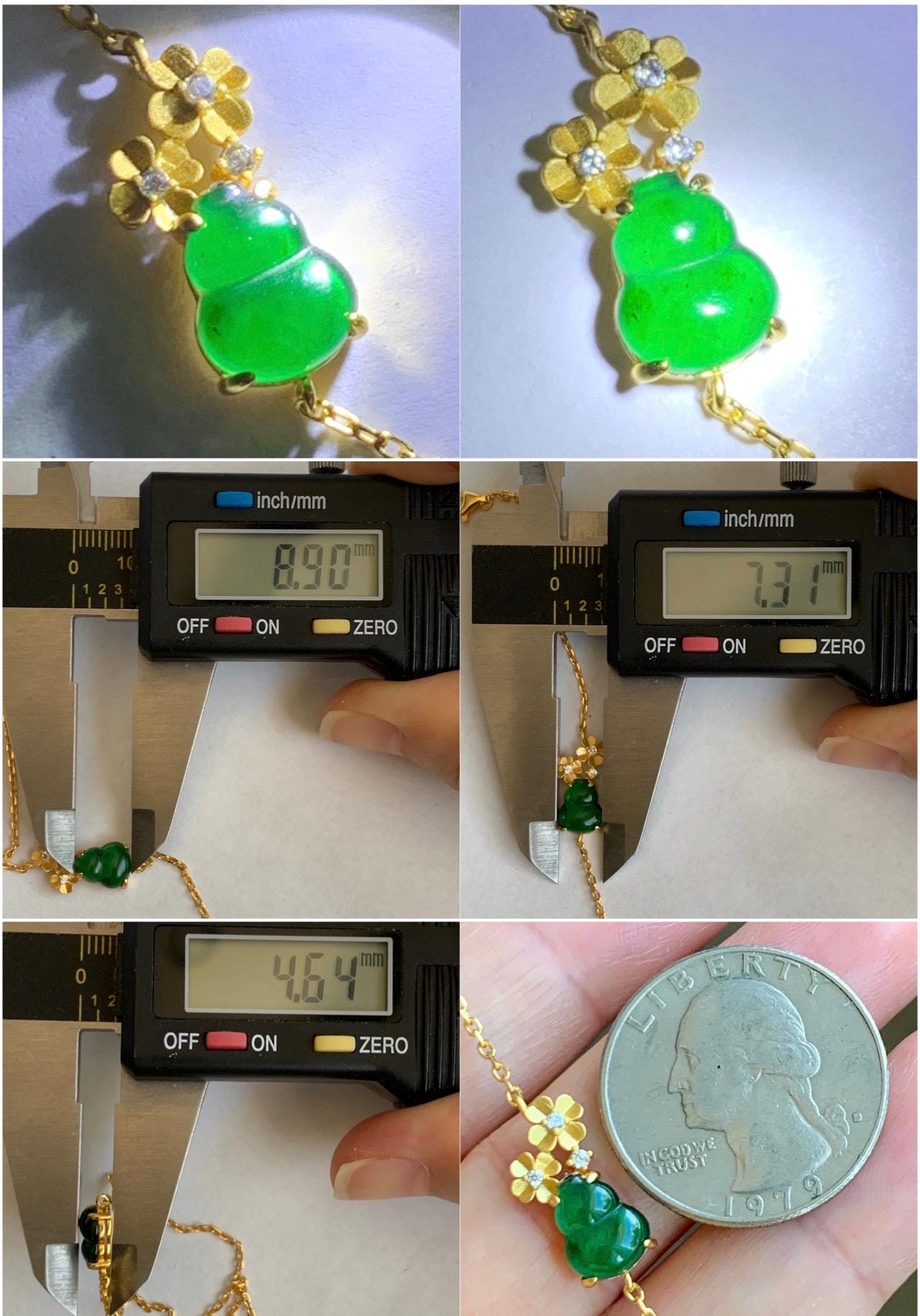 Natural Grade A Guatemalan Icy Translucent Vibrant Green Gourd Hulu Jadeite Flower Chain Bracelet Sterling Silver 6.5" 天然冰危绿翡翠葫芦梅花银手链 HGG160