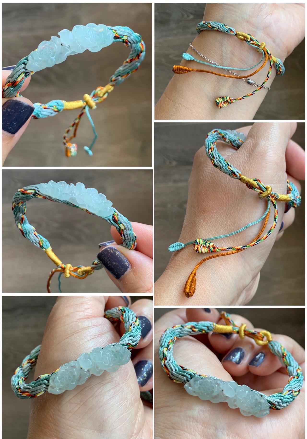 Natural Grade A Icy Highly Translucent White Jade Jadeite Carved Double Lotus Flower Handcrafted Rope Bracelet 6”-8” 天然冰胶白翡翠双莲花手绳 MSLH130