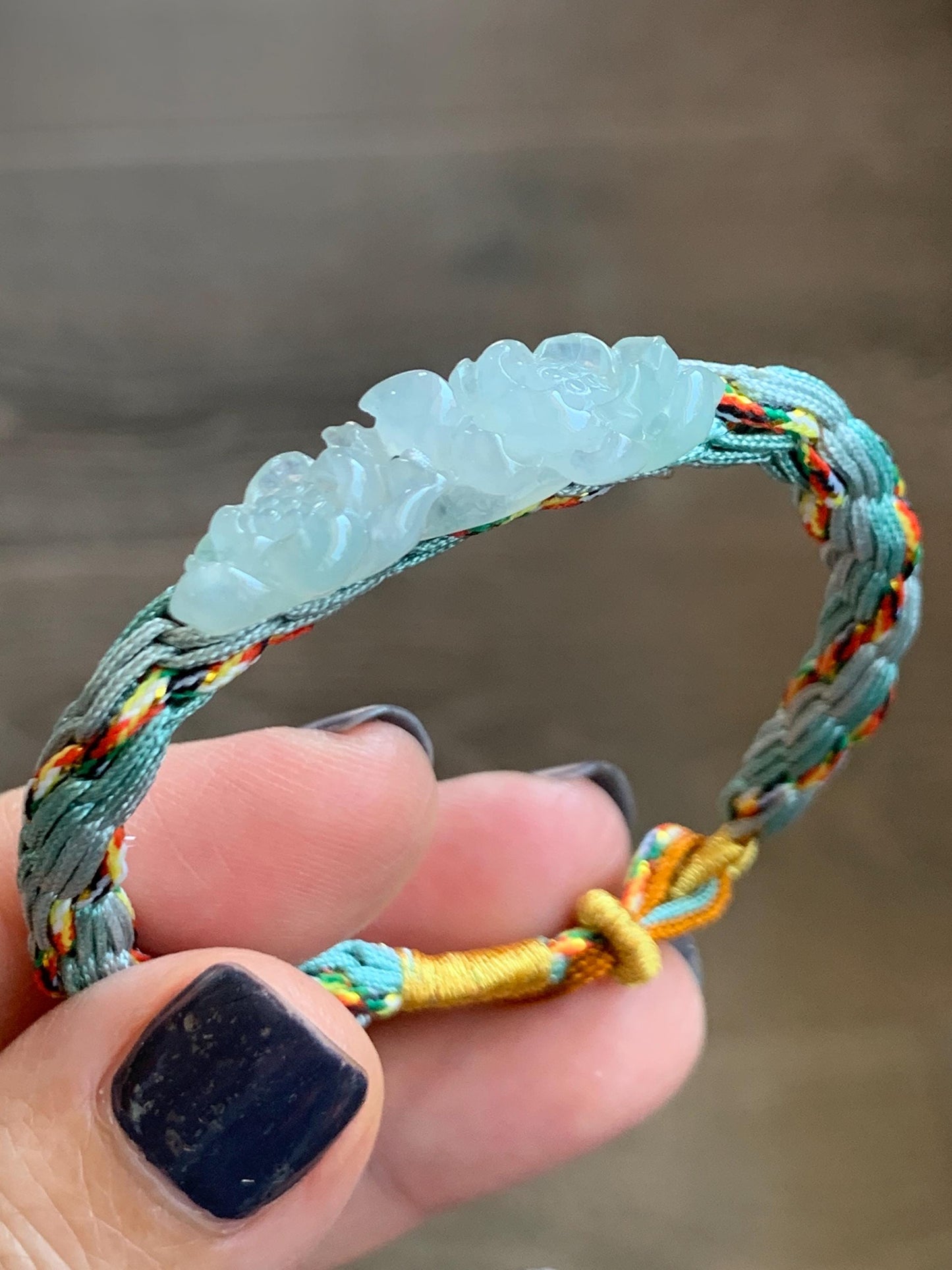 Natural Grade A Icy Highly Translucent White Jade Jadeite Carved Double Lotus Flower Handcrafted Rope Bracelet 6”-8” 天然冰胶白翡翠双莲花手绳 MSLH130
