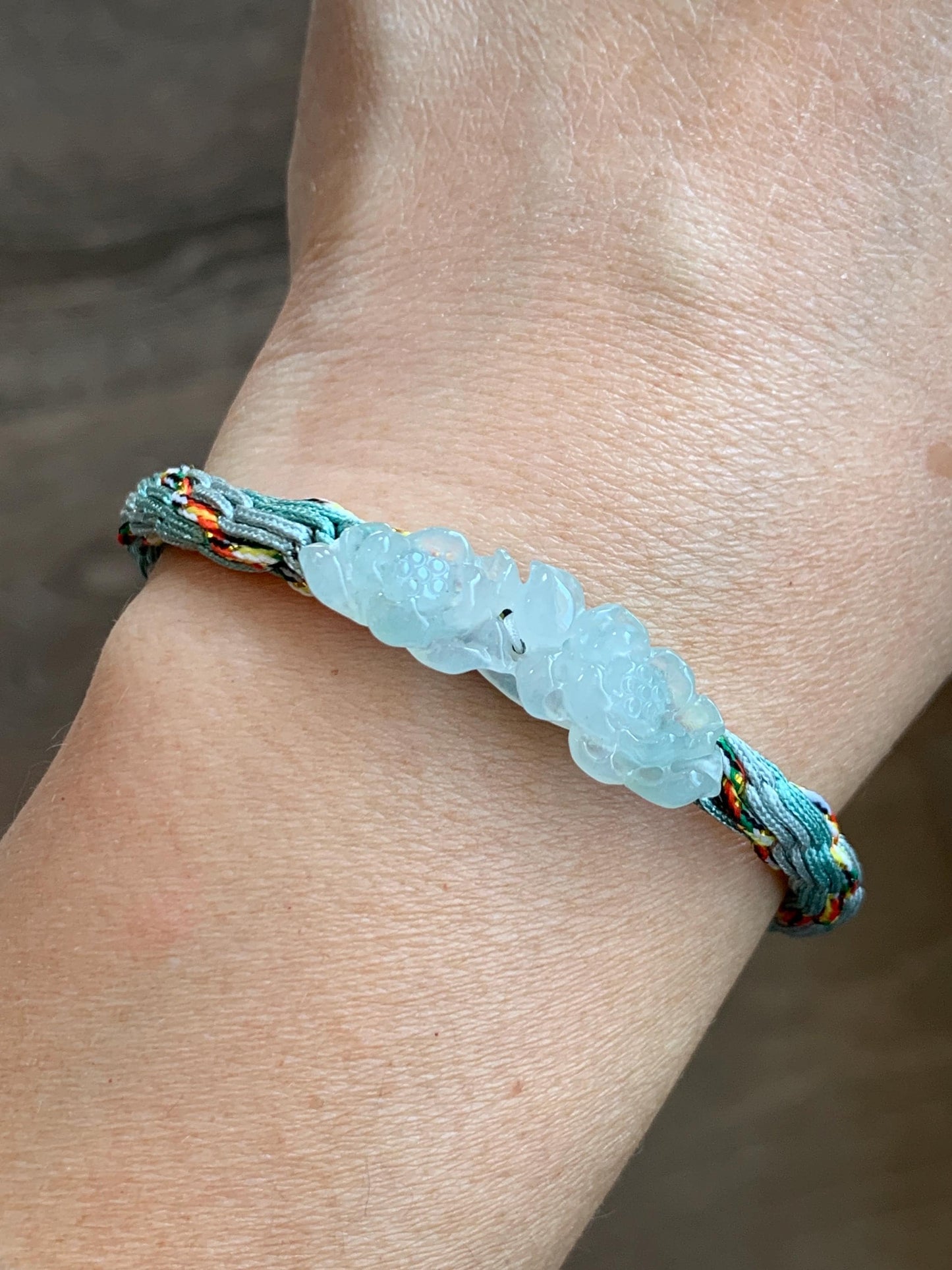Natural Grade A Icy Highly Translucent White Jade Jadeite Carved Double Lotus Flower Handcrafted Rope Bracelet 6”-8” 天然冰胶白翡翠双莲花手绳 MSLH130