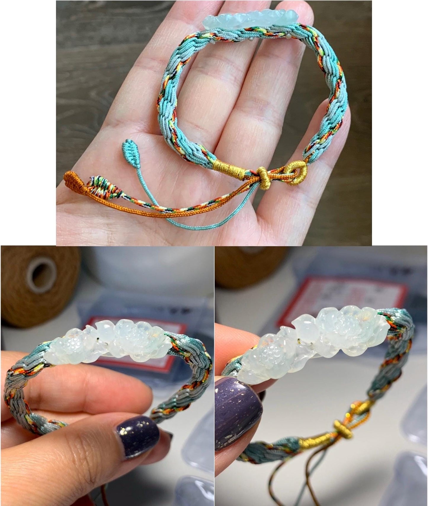 Natural Grade A Icy Highly Translucent White Jade Jadeite Carved Double Lotus Flower Handcrafted Rope Bracelet 6”-8” 天然冰胶白翡翠双莲花手绳 MSLH130