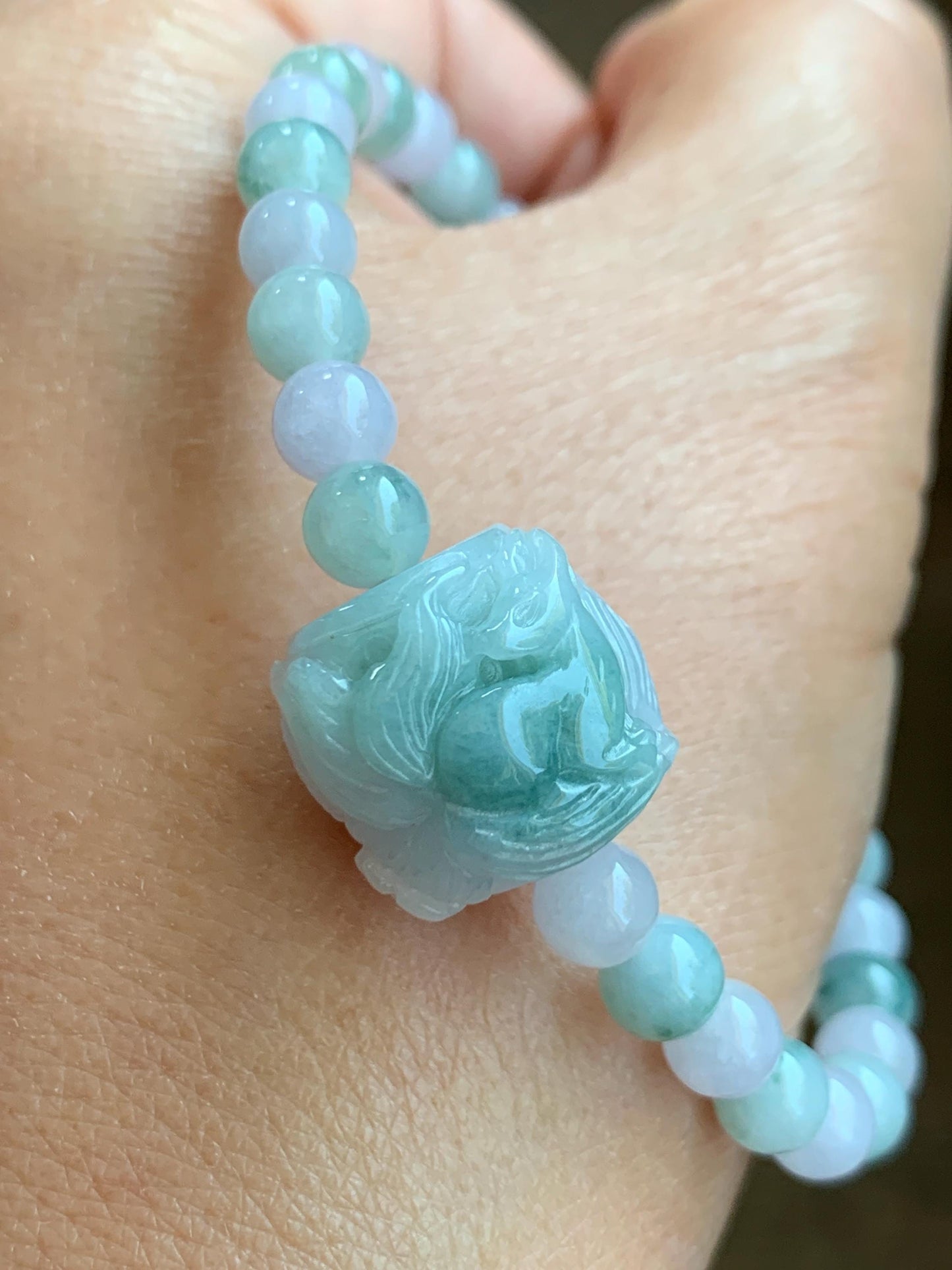Natural Grade A Icy Translucent Pastel Purple & Green Jade Jadeite Carved Nine-Tailed Fox Beaded Bracelet 6.75” 17g 天然冰胶春彩翡翠九尾狐珠手串 MCC320