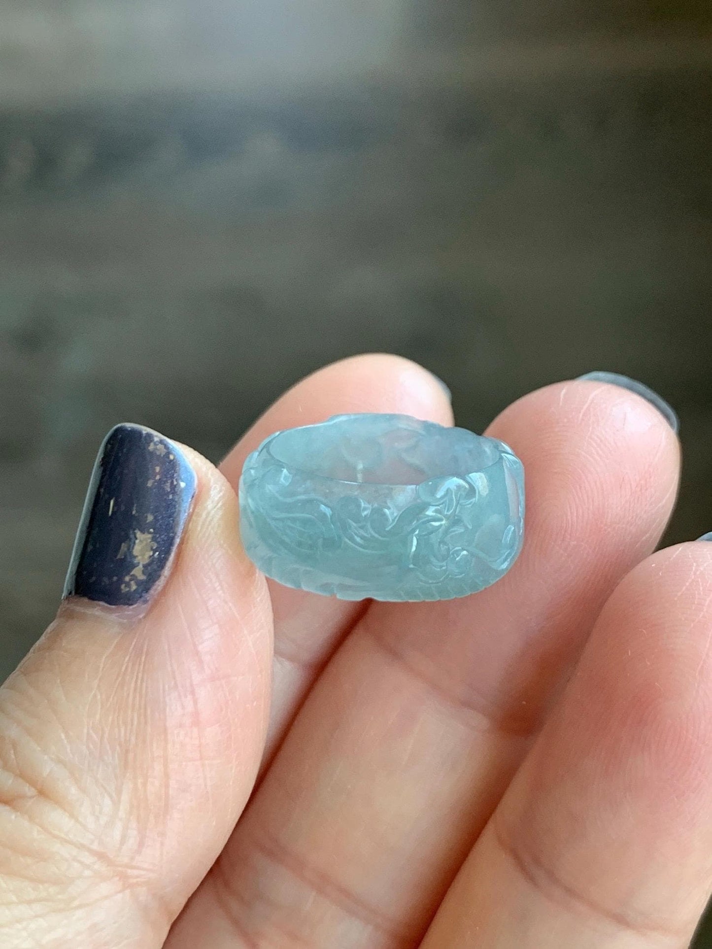 Natural Grade A Guatemalan Icy Highly Translucent Patel Blue Jade Jadeite Carved Phoenix Band Ring size 3.75 US 天然冰胶危淡蓝翡翠凤凰戒圈戒指跑环 QLFH-S