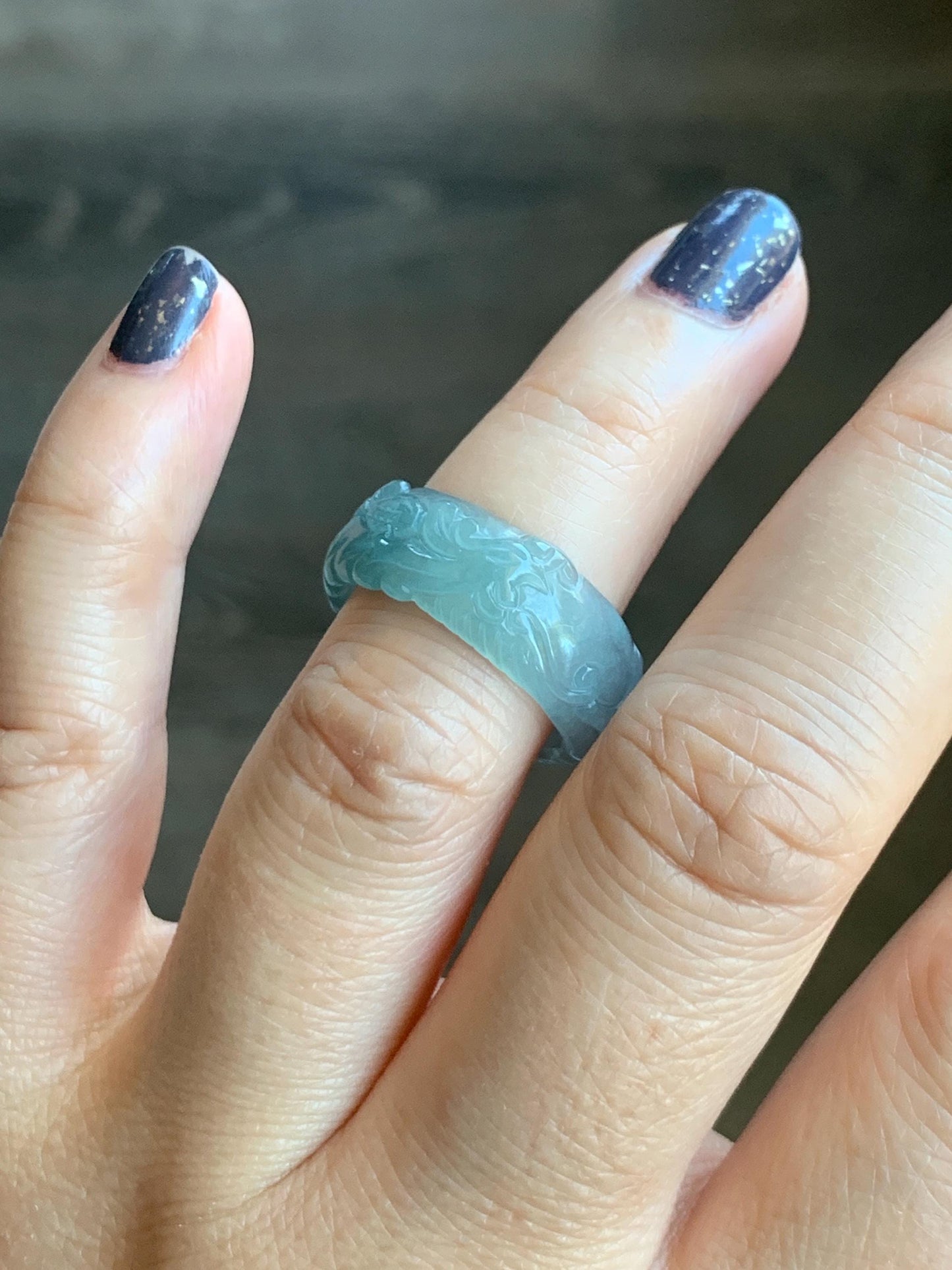 Natural Grade A Guatemalan Icy Highly Translucent Patel Blue Jade Jadeite Carved Phoenix Band Ring size 7.25 US 天然冰胶危淡蓝翡翠凤凰戒圈戒指 QLFH-L