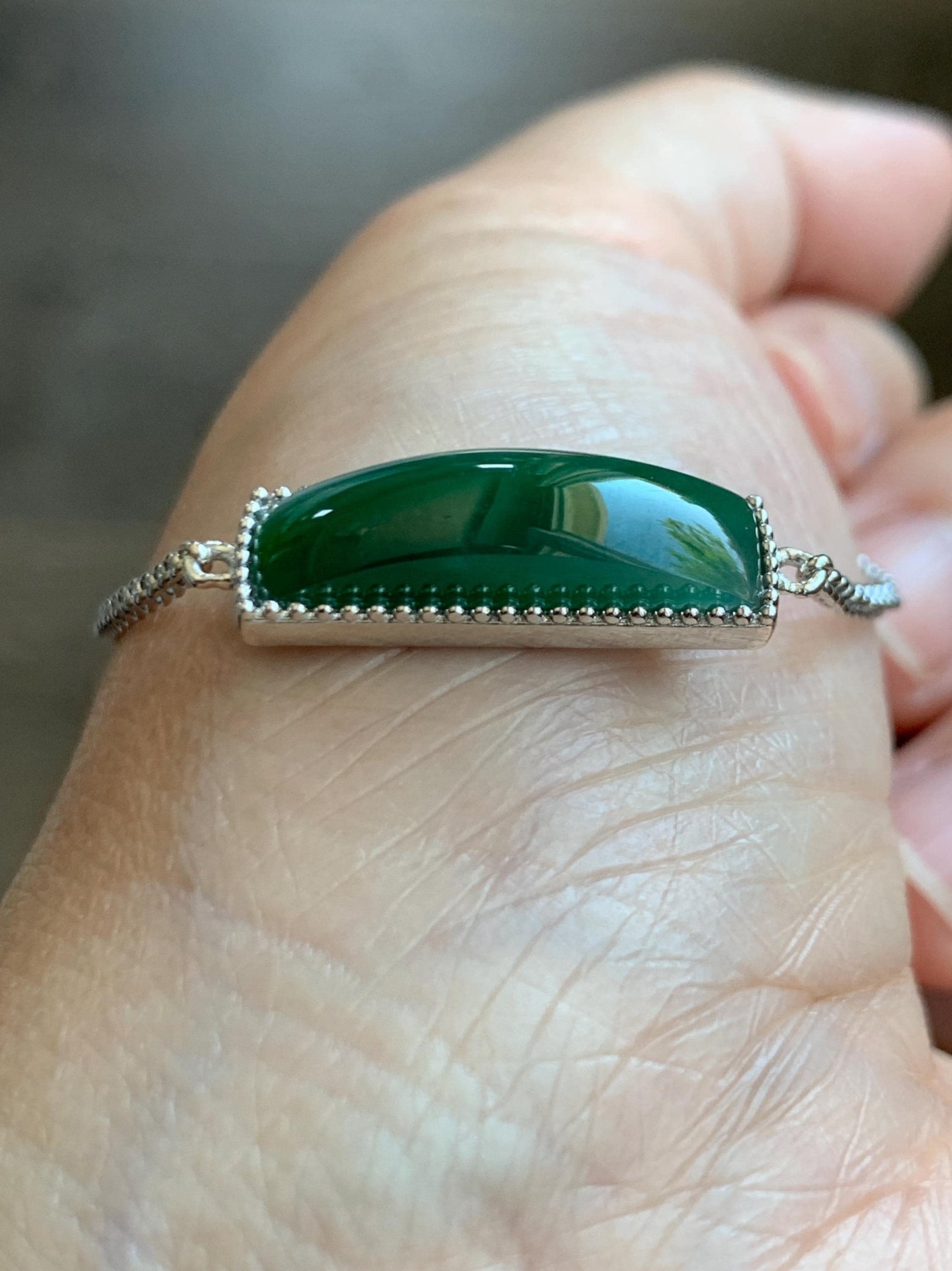 Certified Natural Guatemalan Icy Translucent Rich Teal Green Jadeite Saddle Cut Chain Bracelet Sterling Silver 6.25”-7.5” 天然冰危绿翡翠马鞍银镶手链 9463