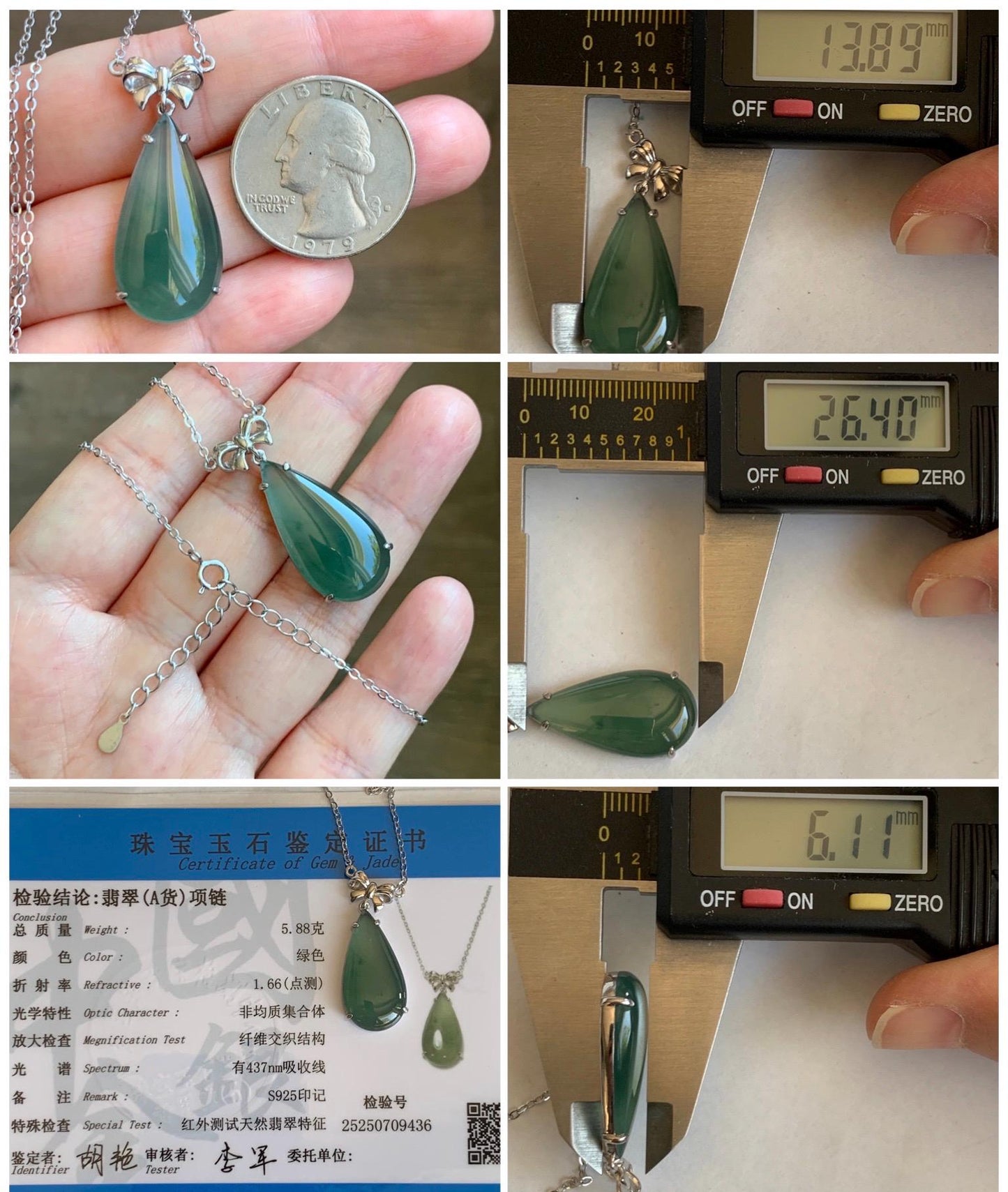 Certified Natural Guatemalan Icy Highly Translucent Teal Green Jadeite Teardrop Pendant Necklace Sterling Silver 16.75” 天然冰危蓝绿翡翠水滴锁骨链 9436