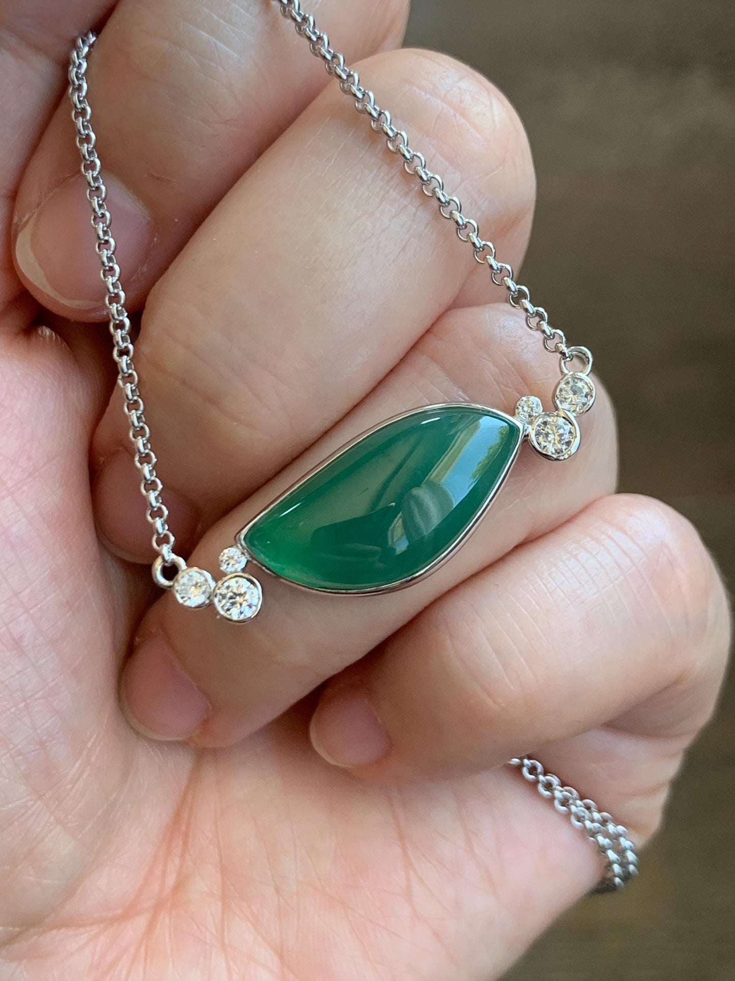 Certified Natural Grade A Guatemalan Icy Translucent Rich Green Jadeite Horse Eye Pendant Necklace Sterling Silver 19” 天然冰危绿翡翠马眼锁骨链 9460