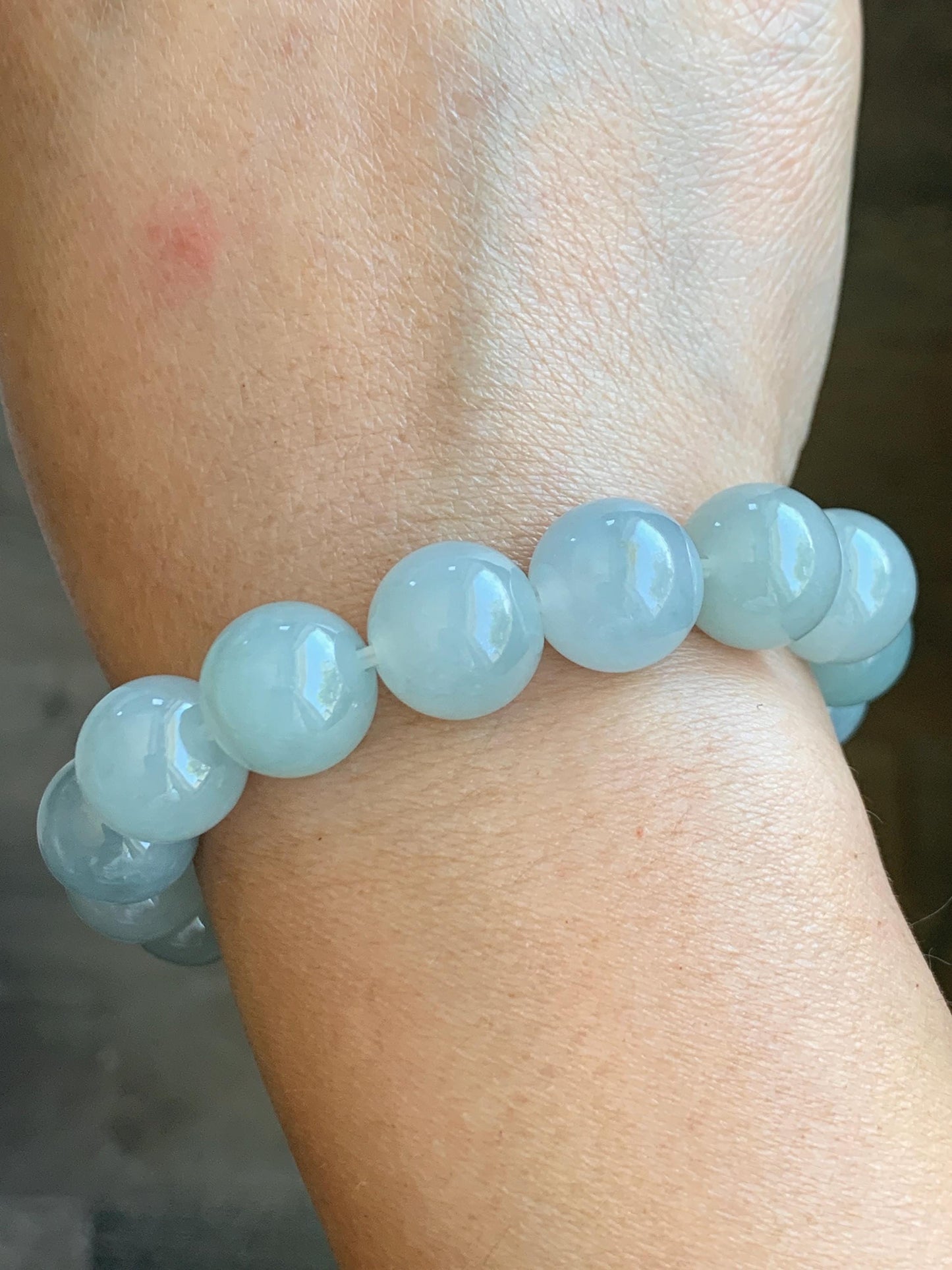 Certified Natural Grade A Icy Translucent Gelatinous Light Green Jade Jadeite Large Beads Beaded Bracelet 13mm 7.5" 58g 天然冰胶晴底翡翠大卡圆珠手串 9403