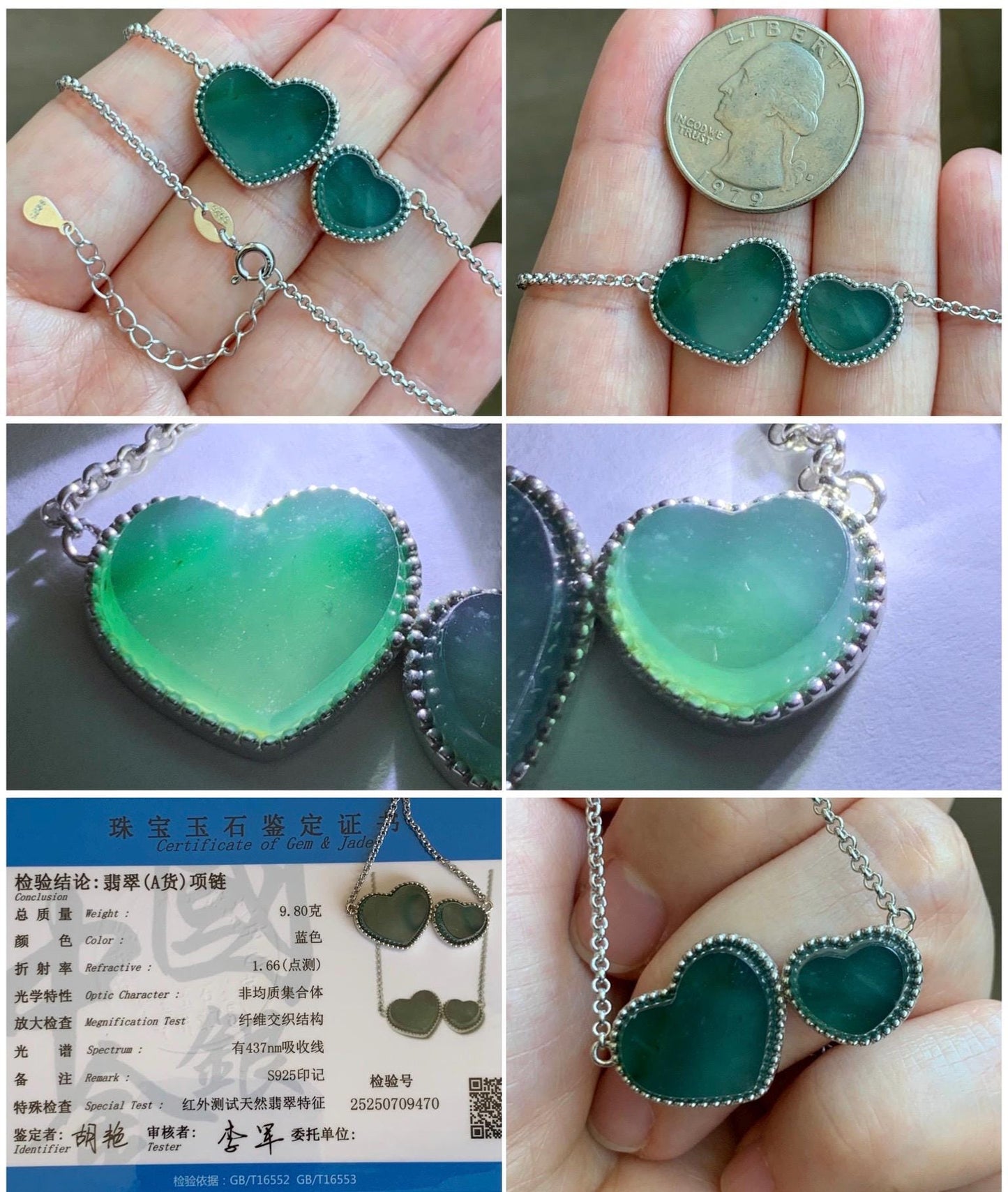 Certified Natural Guatemalan Icy Highly Translucent Dark Teal Blue Jadeite Heart Pendant Necklace Sterling Silver 19” 天然冰危蓝翡翠爱心锁骨链 9470