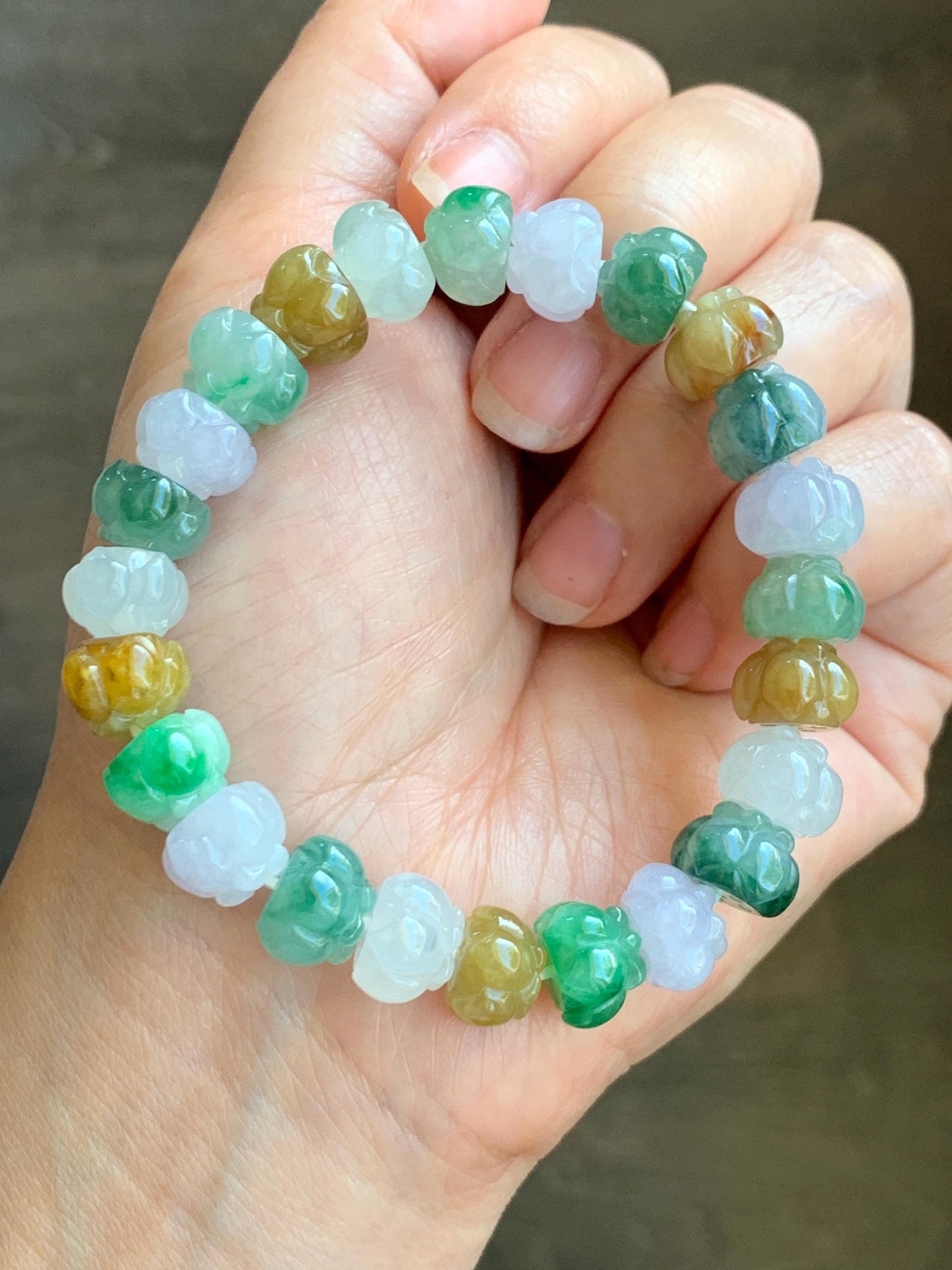 Premium Natural Grade A Icy Translucent Gelatinous Multicolored Jade Jadeite Lotus Flower Beads Beaded Bracelet 7” 36g 天然冰胶多宝翡翠莲花珠手串 MYL980