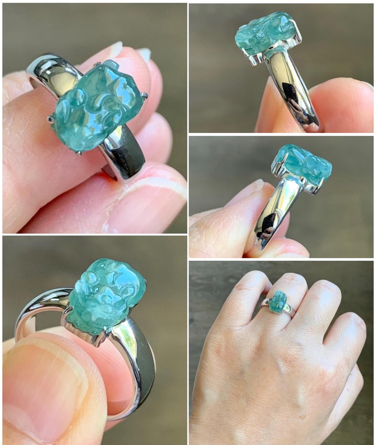 Certified Natural Grade A Guatemalan Icy Translucent Dusty Teal Green Jadeite Pixiu Ring Sterling Silver size 7 US 4.5g 天然冰胶危蓝绿翡翠貔貅银镶戒指 9447
