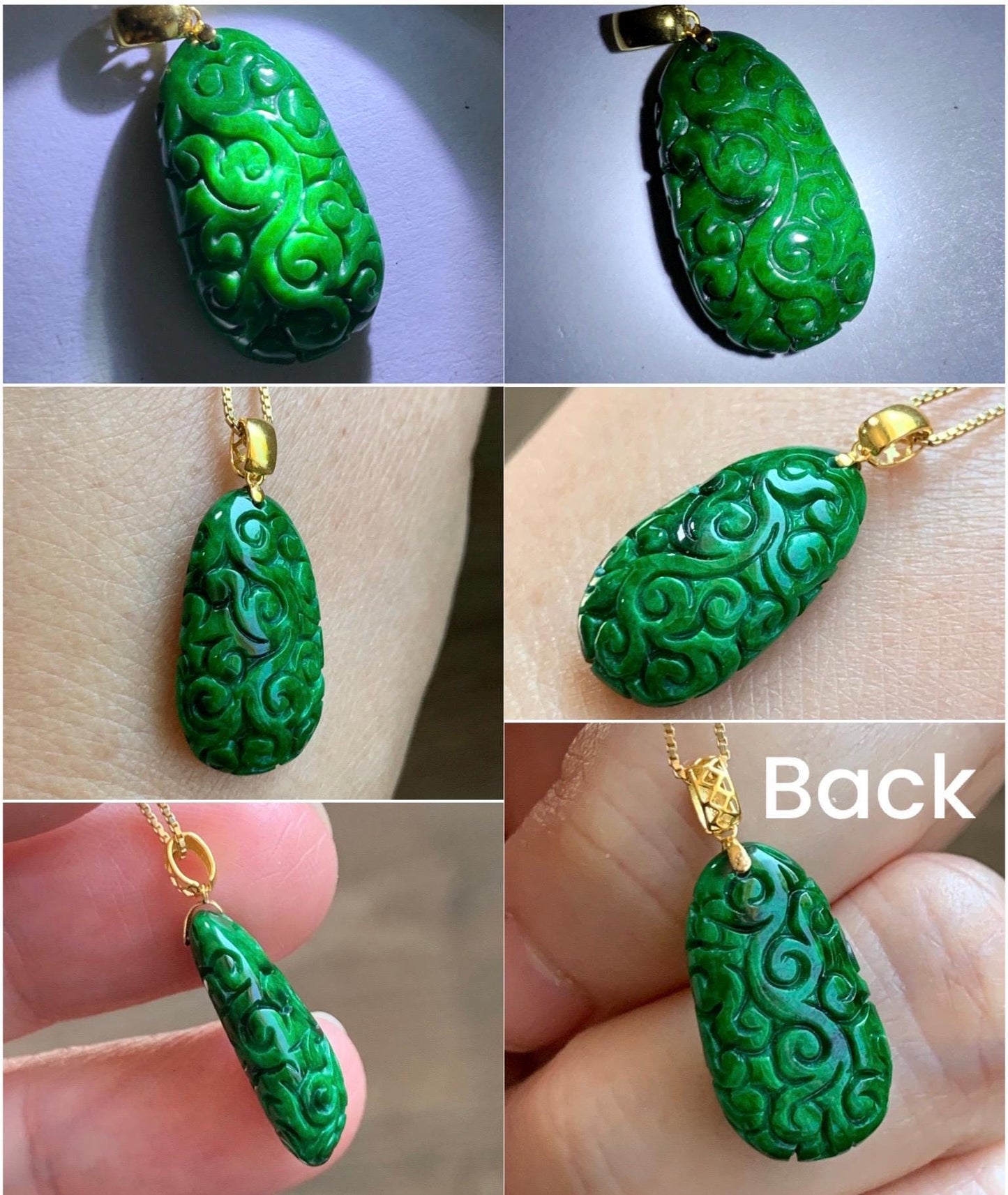 Certified Natural Grade A Icy Vibrant Hot Green Jade Jadeite Engraved Teardrop Pendant 18K Yellow Gold 2.11g 天然辣绿花青翡翠仿古雕水滴吊坠 9438