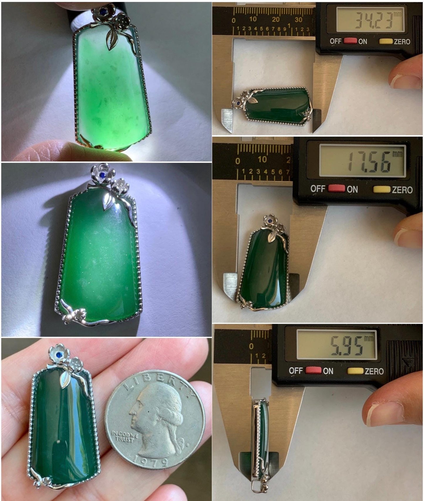 Certified Natural Grade A Guatemalan Icy Translucent Deep Teal Green Jade Jadeite Wu Shi Pai Pendant Sterling Silver 天然冰危深绿翡翠银镶无事牌吊坠 9459