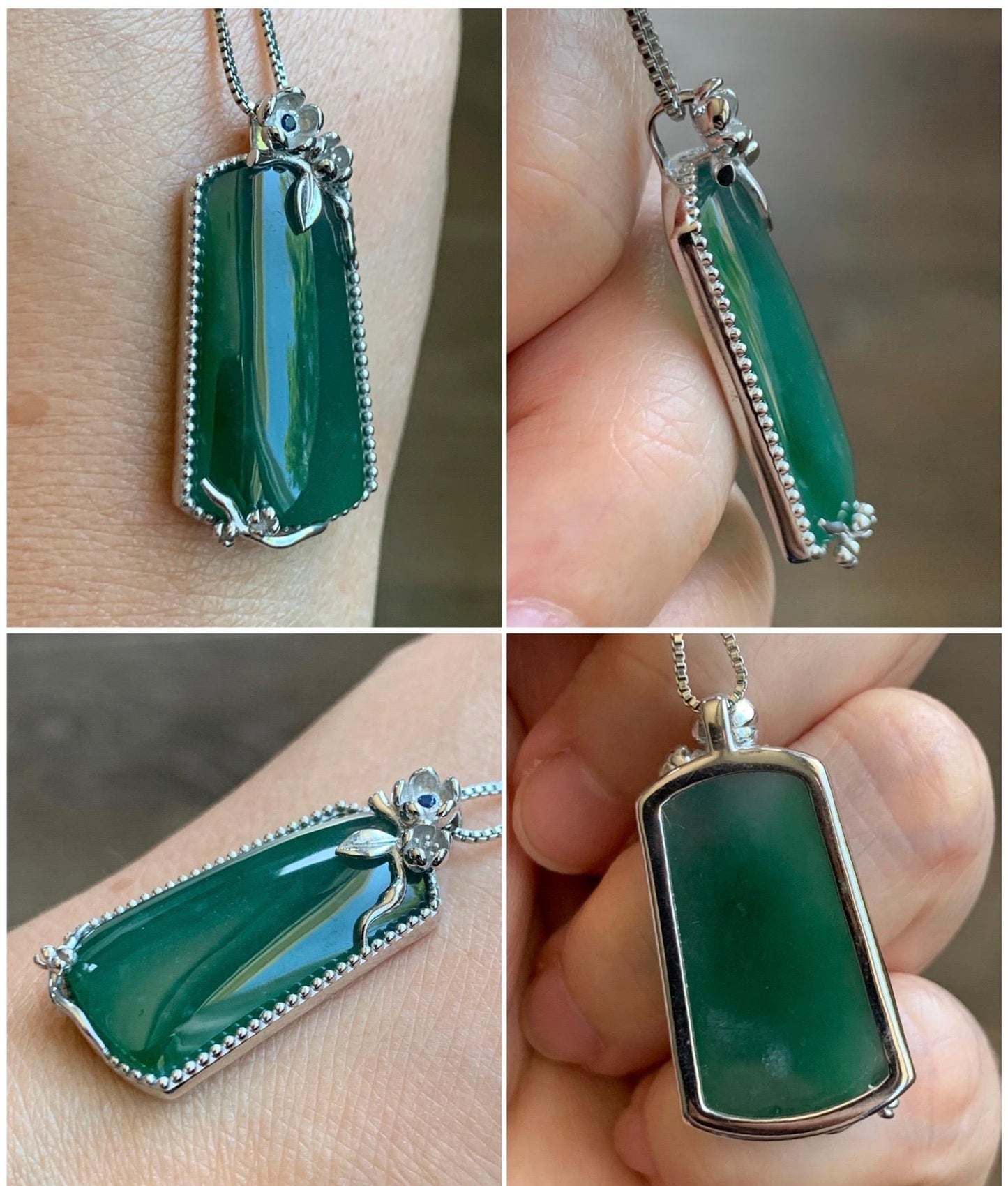 Certified Natural Grade A Guatemalan Icy Translucent Deep Teal Green Jade Jadeite Wu Shi Pai Pendant Sterling Silver 天然冰危深绿翡翠银镶无事牌吊坠 9459