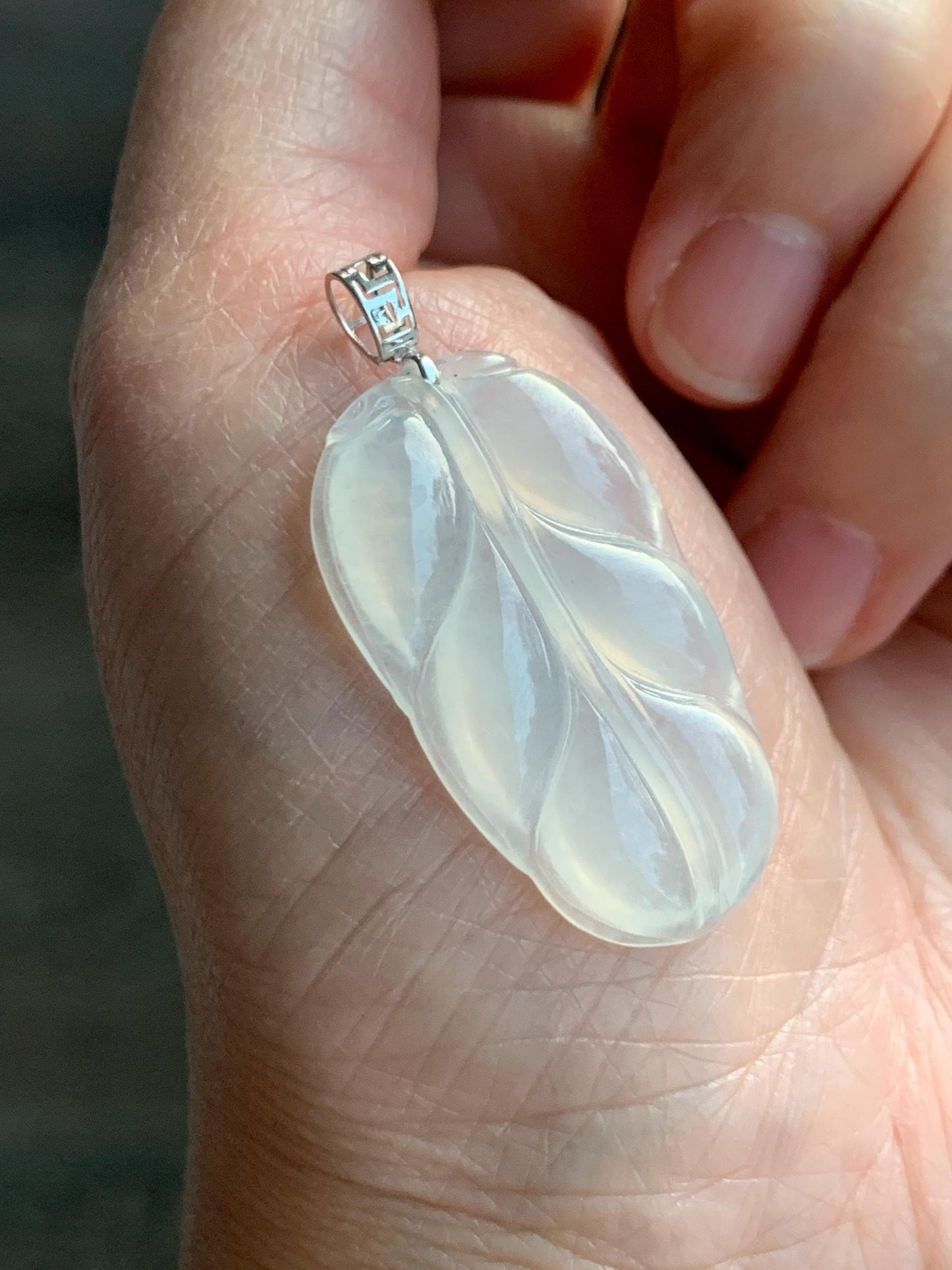 Natural Grade A Icy Highly Translucent White Jade Jadeite Carved Leaf Large Pendant 18K White Gold 5g 天然白冰起光翡翠大叶有成镶嵌吊坠 MBB550B
