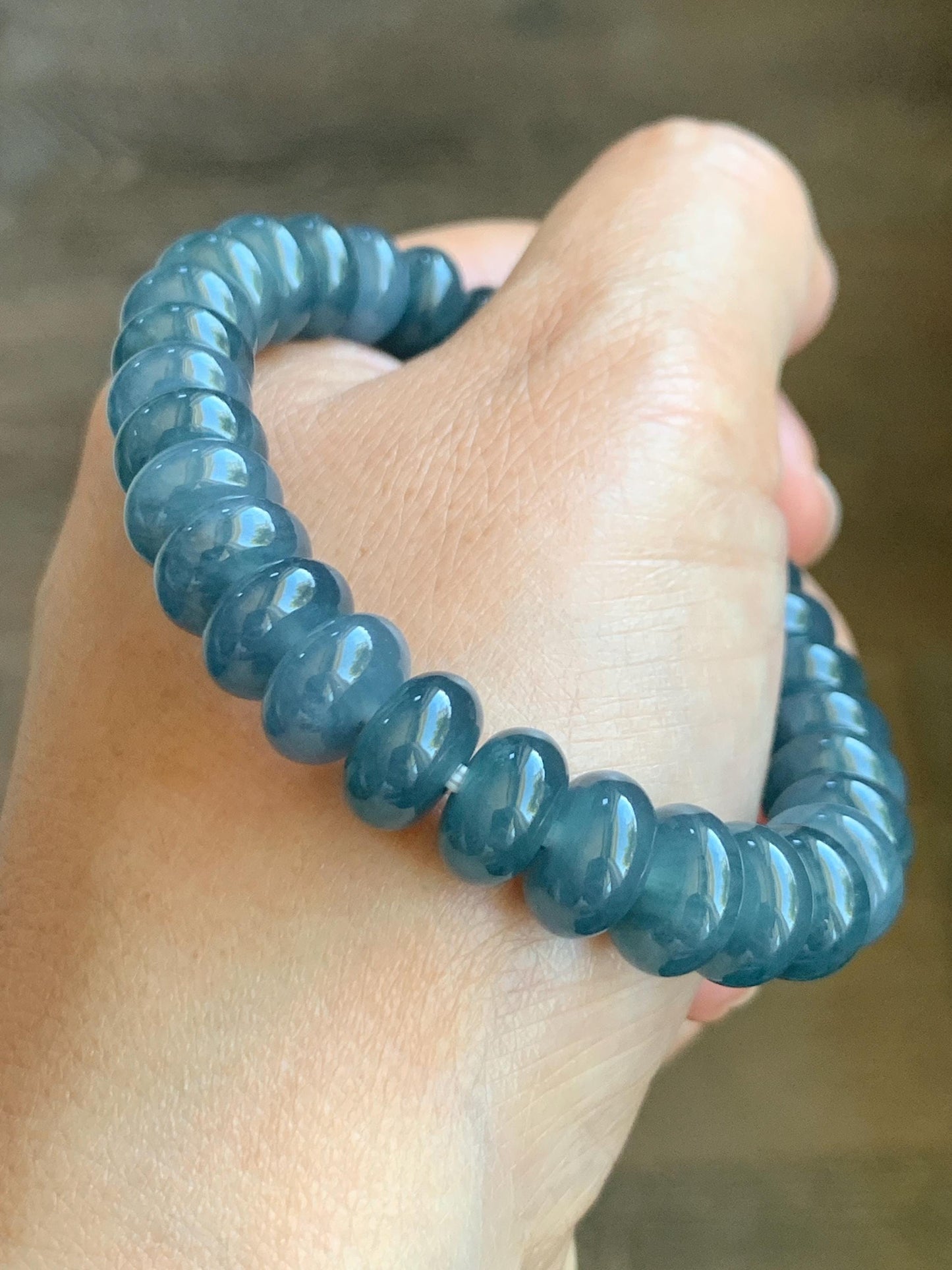 Natural Grade A Guatemalan Icy Translucent Dark Dusty Blue Jade Jadeite Drum Beads Beaded Bracelet Stretchy 7” 35g 天然冰危蓝水翡翠鼓珠手串 WNZ305B