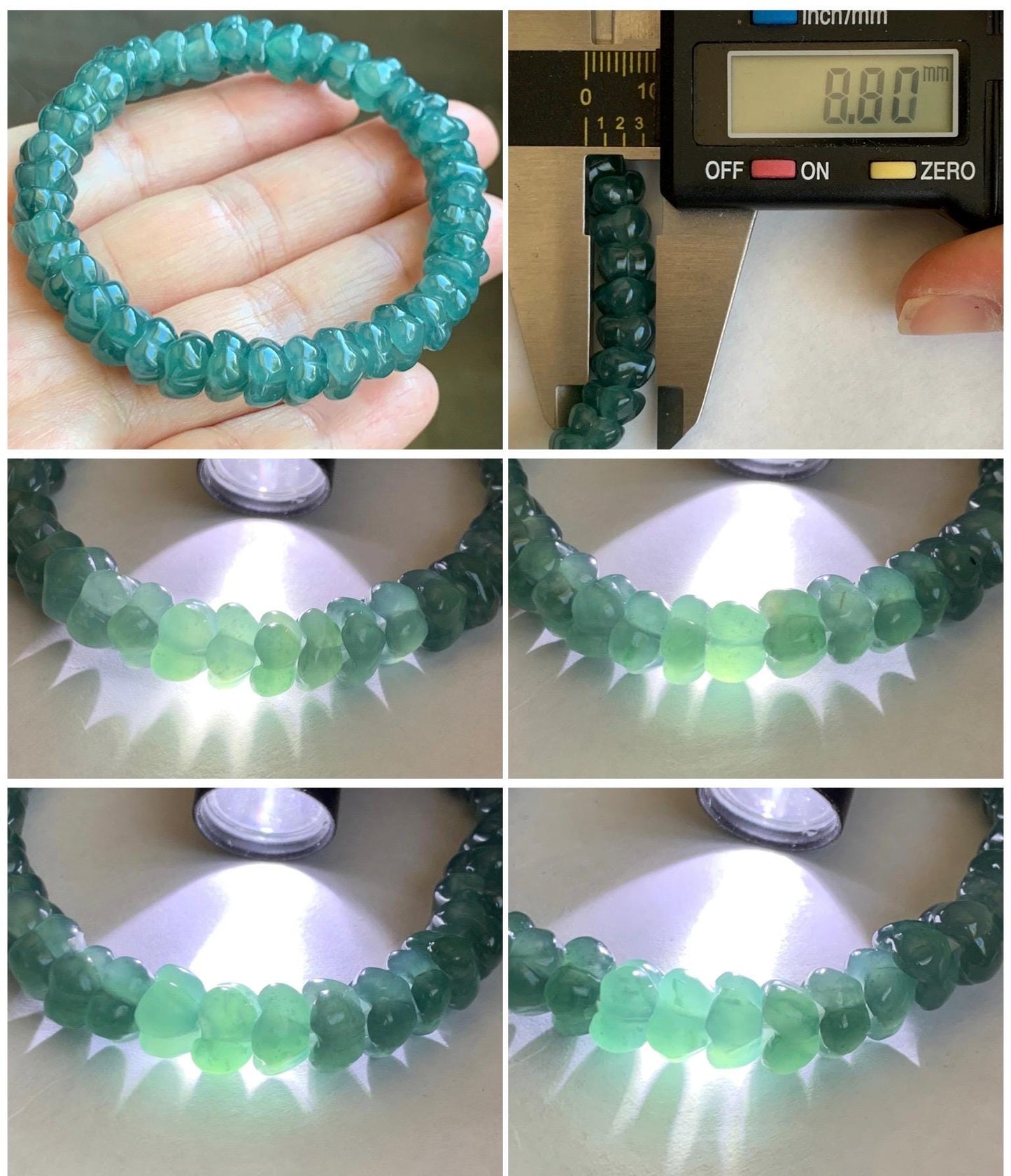 Natural Grade A Icy Translucent Gelatinous Jade Jadeite Carved Osmanthus Flower Beads Beaded Bracelet 6.75” 23g 天然冰胶危蓝翡翠桂花珠手串 WLGH308
