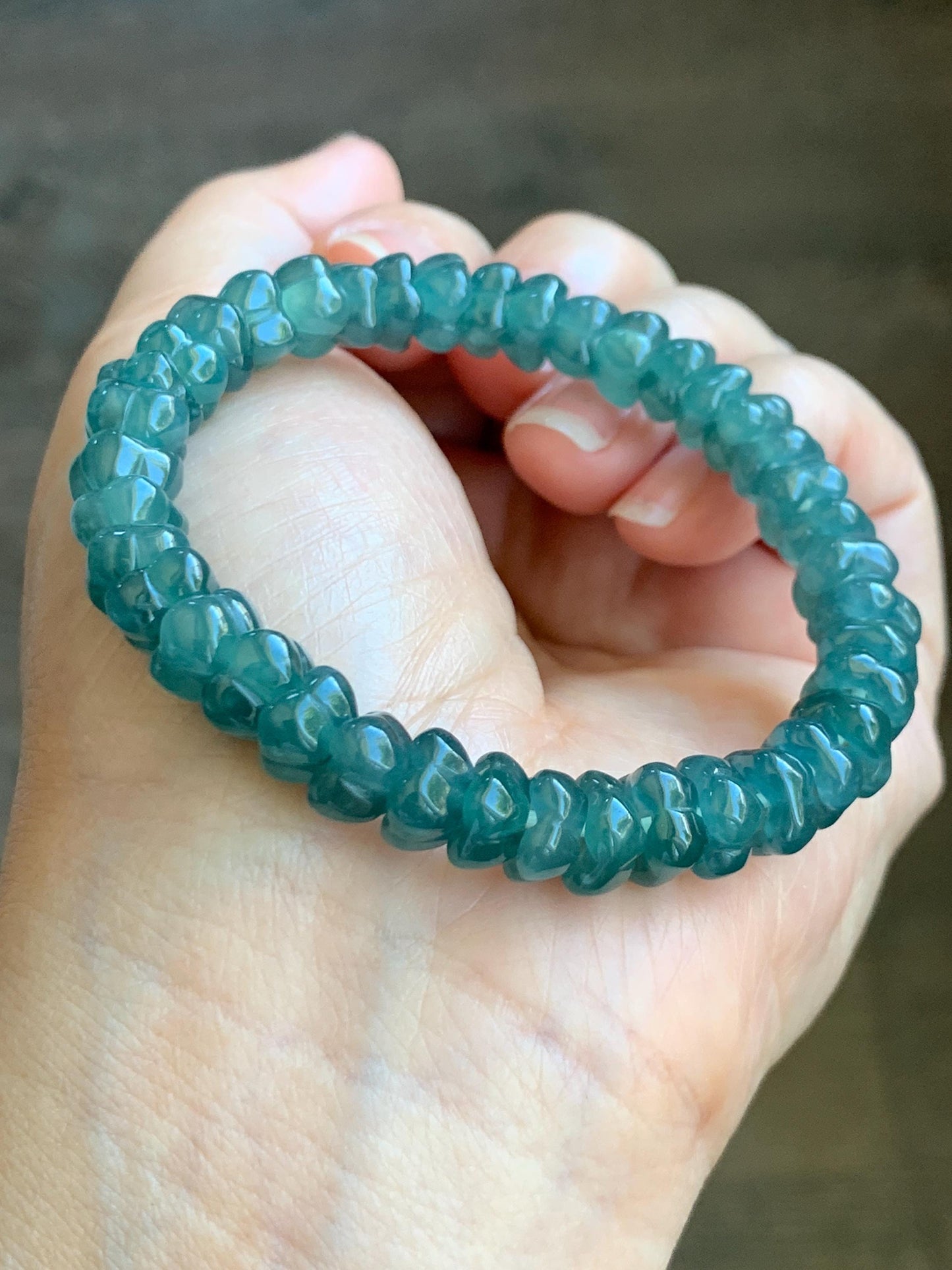 Natural Grade A Icy Translucent Gelatinous Jade Jadeite Carved Osmanthus Flower Beads Beaded Bracelet 6.75” 23g 天然冰胶危蓝翡翠桂花珠手串 WLGH308
