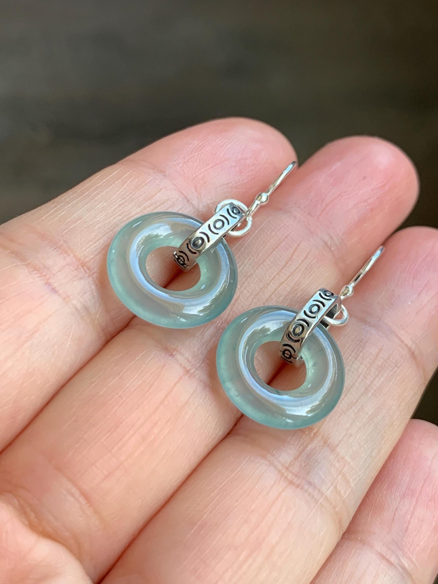 Natural Grade A Guatemalan Icy Highly Translucent Teal Jade Jadeite Ping An Kou Donut Ring Earrings Sterling Silver 天然起光冰危淡晴翡翠平安扣耳钩 GWK80A