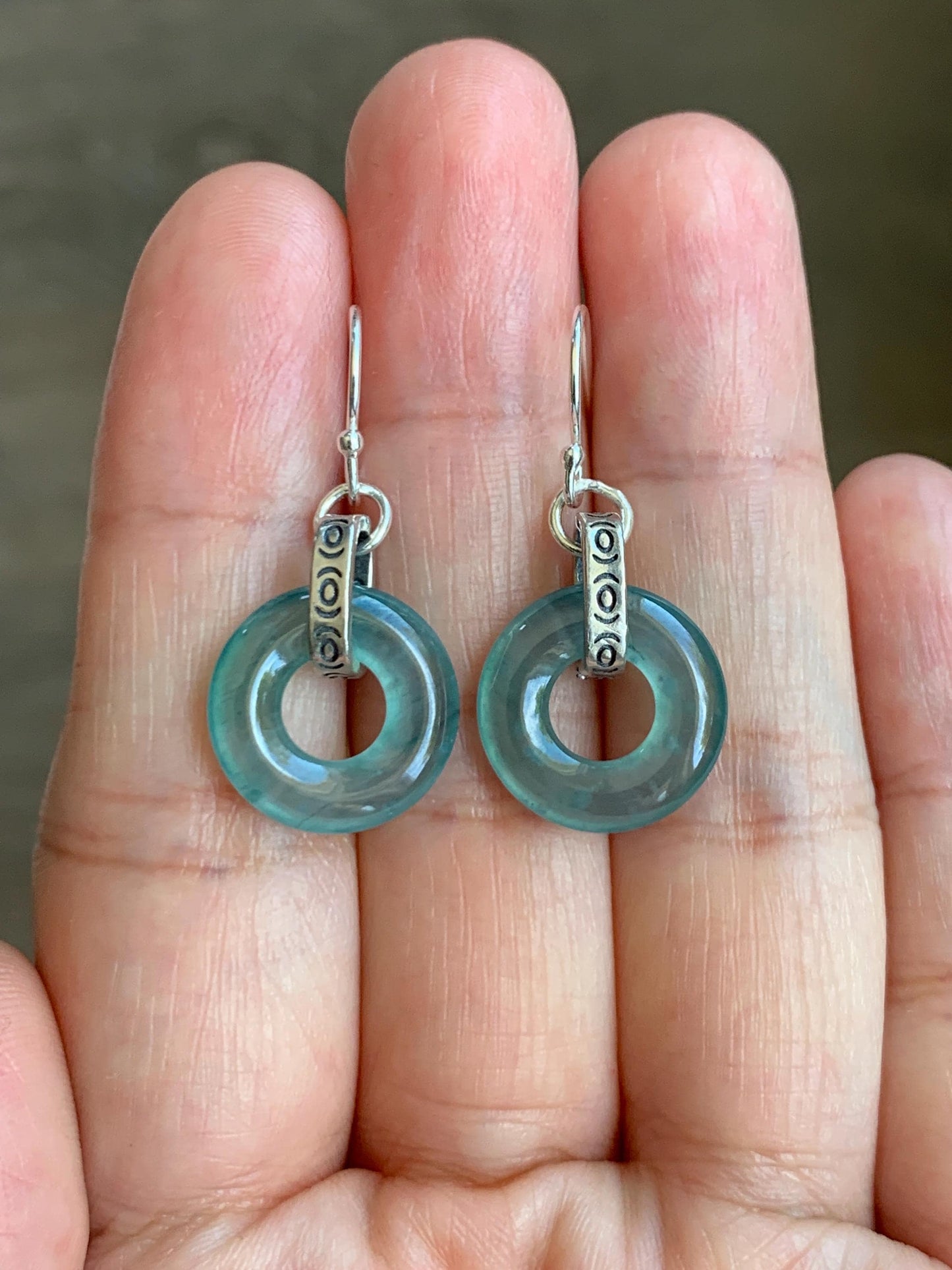 Natural Grade A Guatemalan Icy Highly Translucent Teal Jade Jadeite Ping An Kou Donut Ring Earrings Sterling Silver 天然起光冰危晴蓝翡翠平安扣耳钩 GWK80B