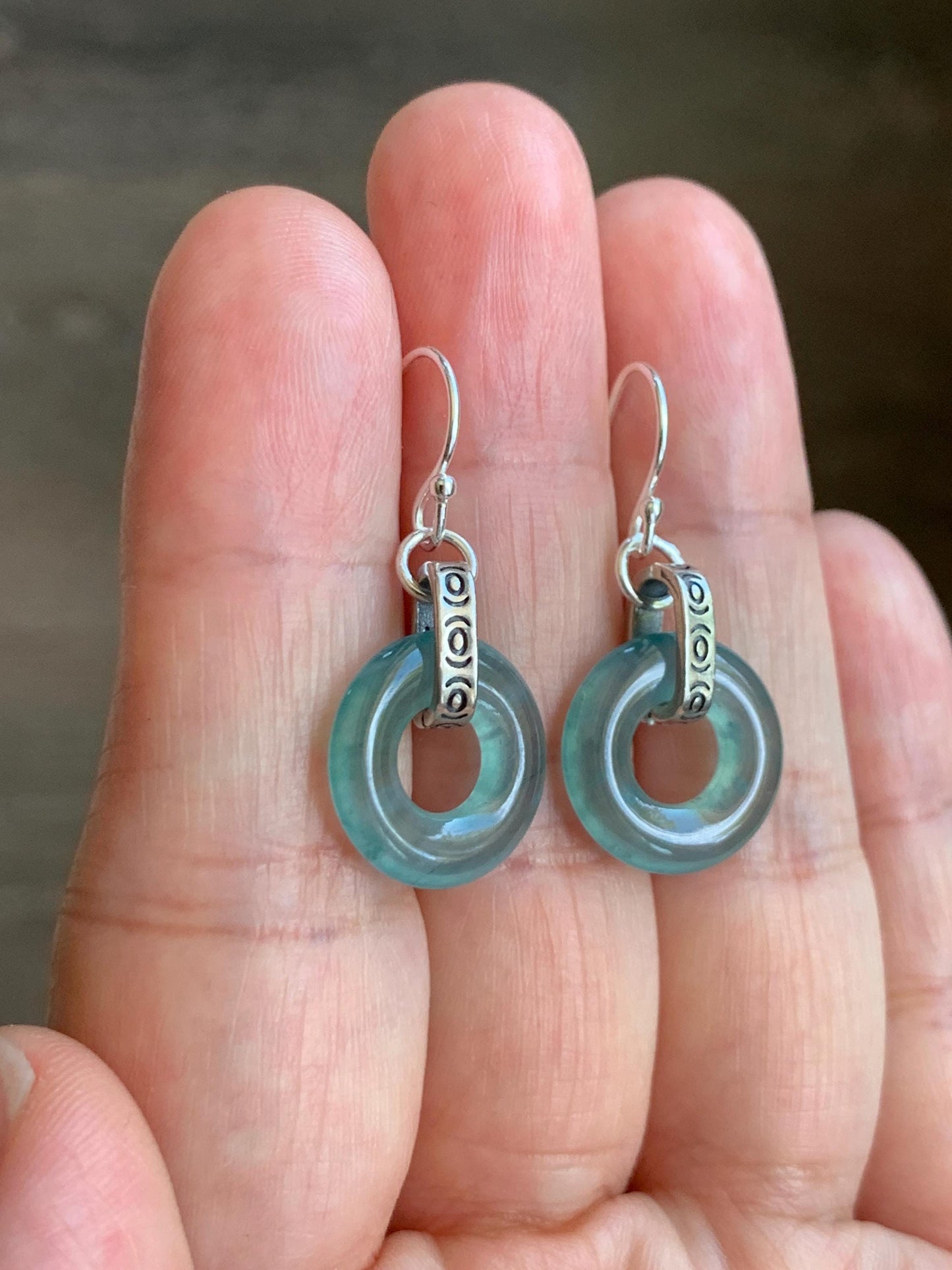 Natural Grade A Guatemalan Icy Highly Translucent Teal Jade Jadeite Ping An Kou Donut Ring Earrings Sterling Silver 天然起光冰危晴蓝翡翠平安扣耳钩 GWK80B