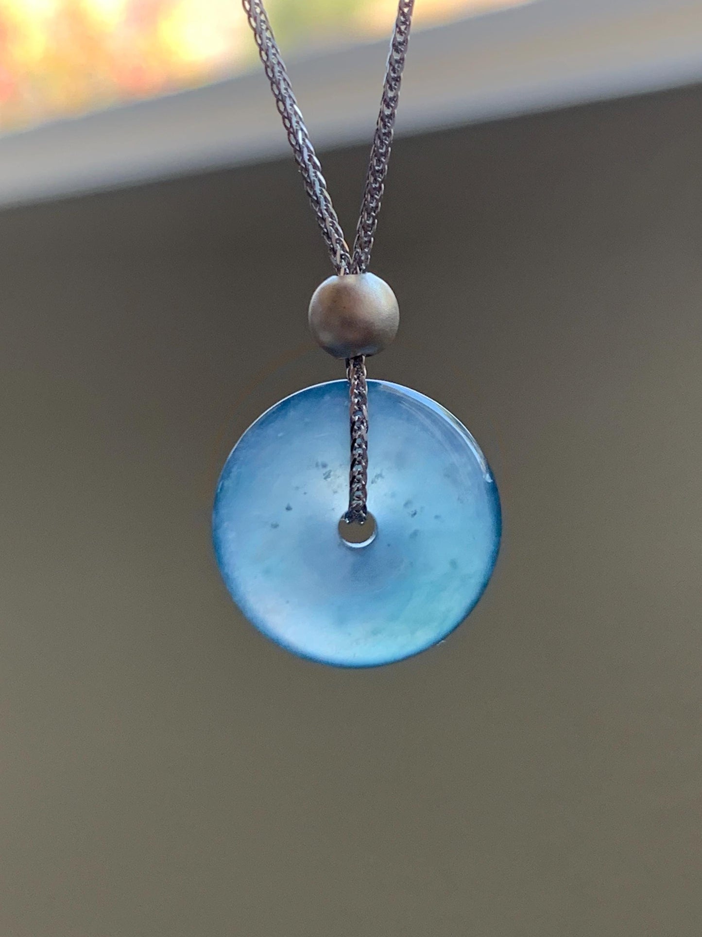 Natural Guatemalan Icy Translucent Dark Blue Jade Jadeite Ping An Kou Donut Pendant Sterling Silver Necklace 16” 天然老种冰危蓝紫翡翠平安扣吊坠项链 MWK130A