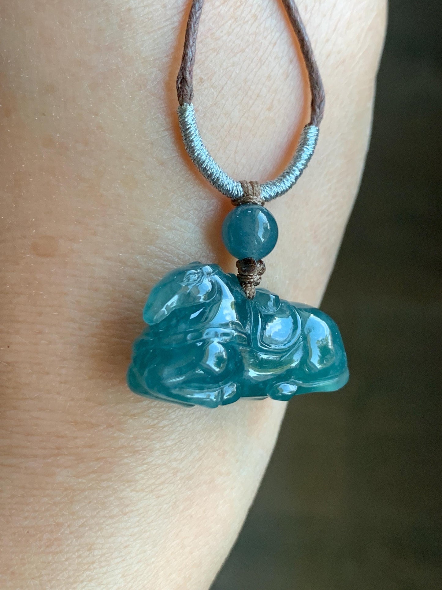 Natural Grade A Guatemalan Icy Translucent Teal Blue Jadeite Carved Tang Horse Pendant Rope Necklace 24" 10g 天然冰胶白冰翡翠唐马吊坠挂件 WLTM138A