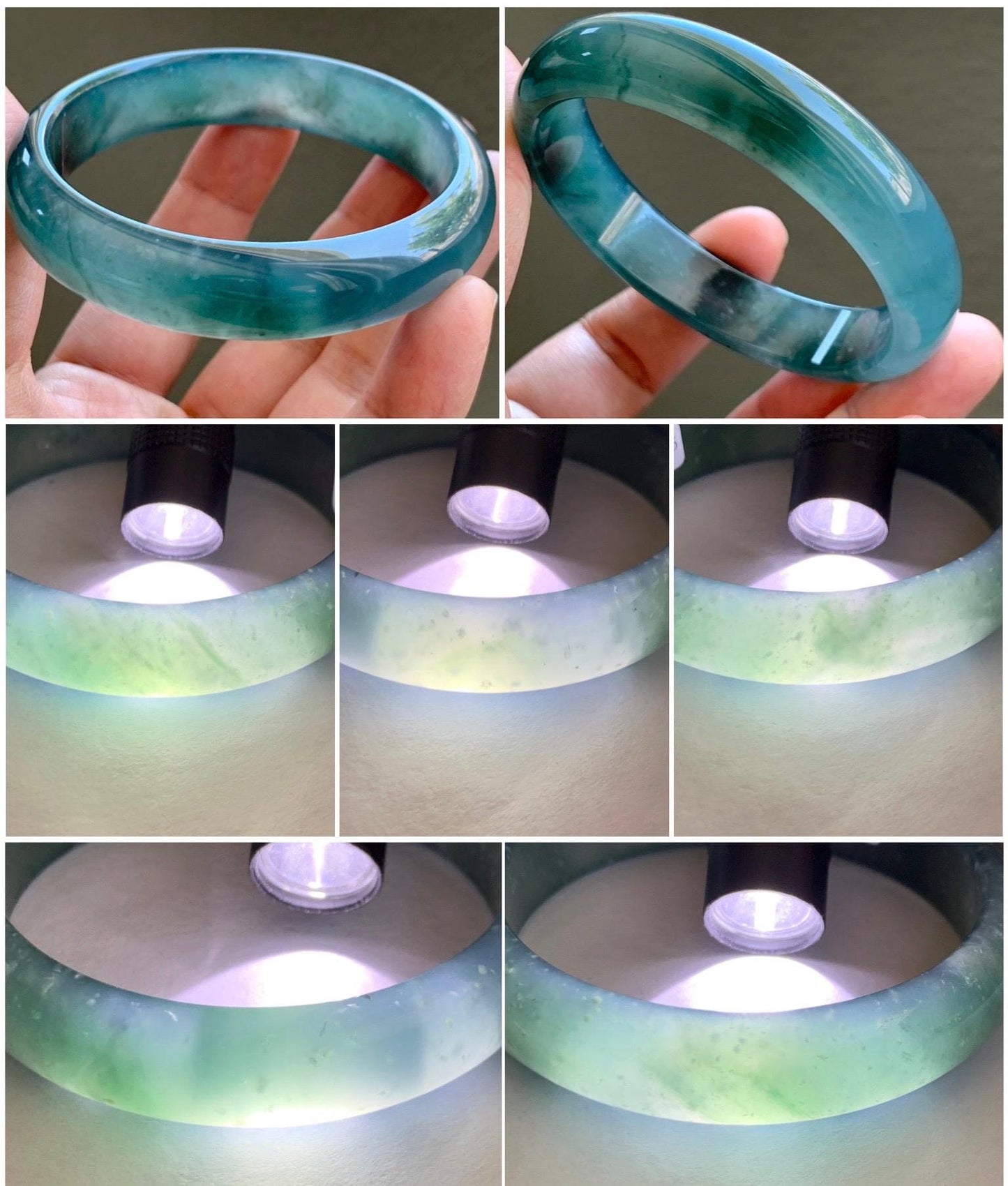 Certified Natural Guatemalan Icy Highly Translucent Deep Teal Green Jade Jadeite Wide Bangle Bracelet 56.6mm 48.7g 7" 天然冰胶危蓝翡翠正圈手镯 9415