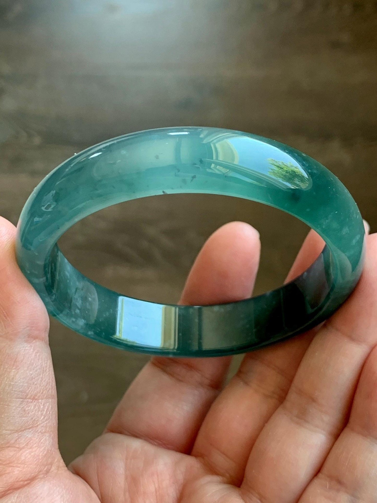Certified Natural Guatemalan Icy Highly Translucent Deep Teal Green Jade Jadeite Wide Bangle Bracelet 56.6mm 48.7g 7" 天然冰胶危蓝翡翠正圈手镯 9415
