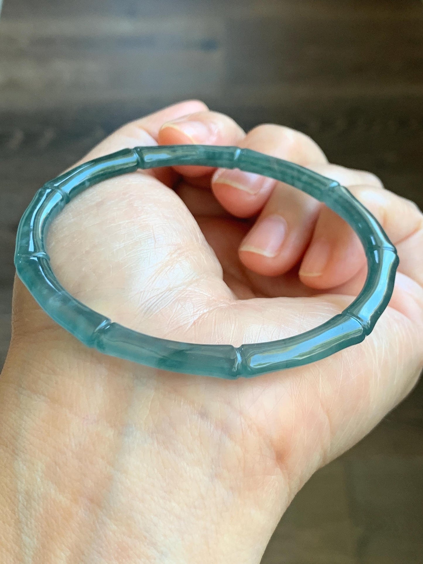 Certified Natural Guatemalan Icy Translucent Gelatinous Teal Blue Jadeite Carved Bamboo Bangle Bracelet 60mm 7.4” 13g 天然冰危篮绿翡翠竹节手镯 9416