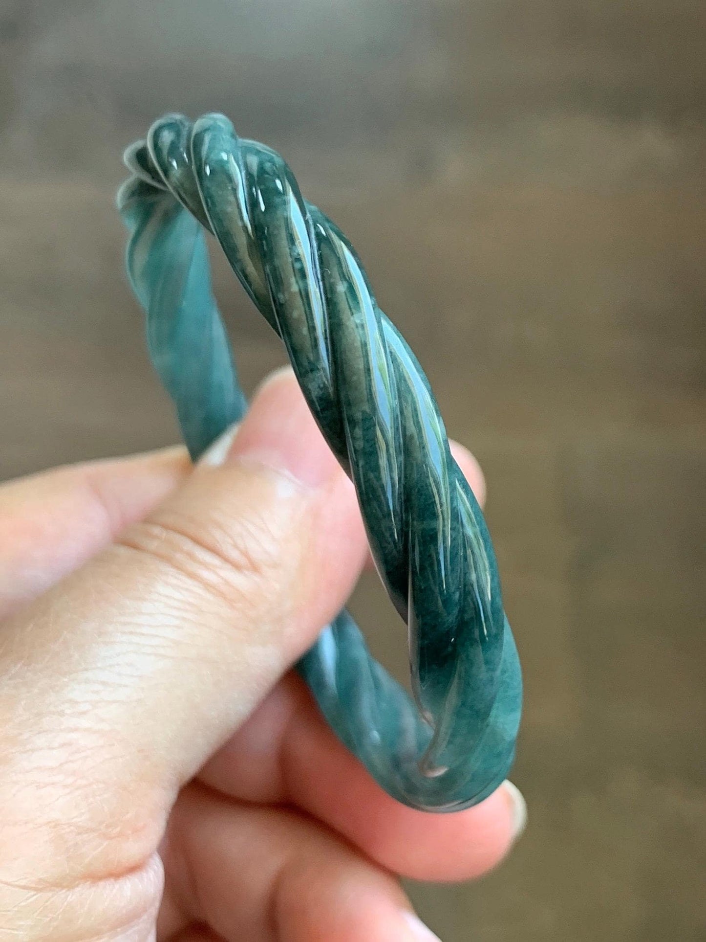 Certified Natural Grade A Guatemalan Icy Translucent Teal Blue Jadeite Carved Braid Bangle Bracelet 52.98mm 6.5” 19.64g 天然冰危蓝翡翠麻花贵妃手镯 9411