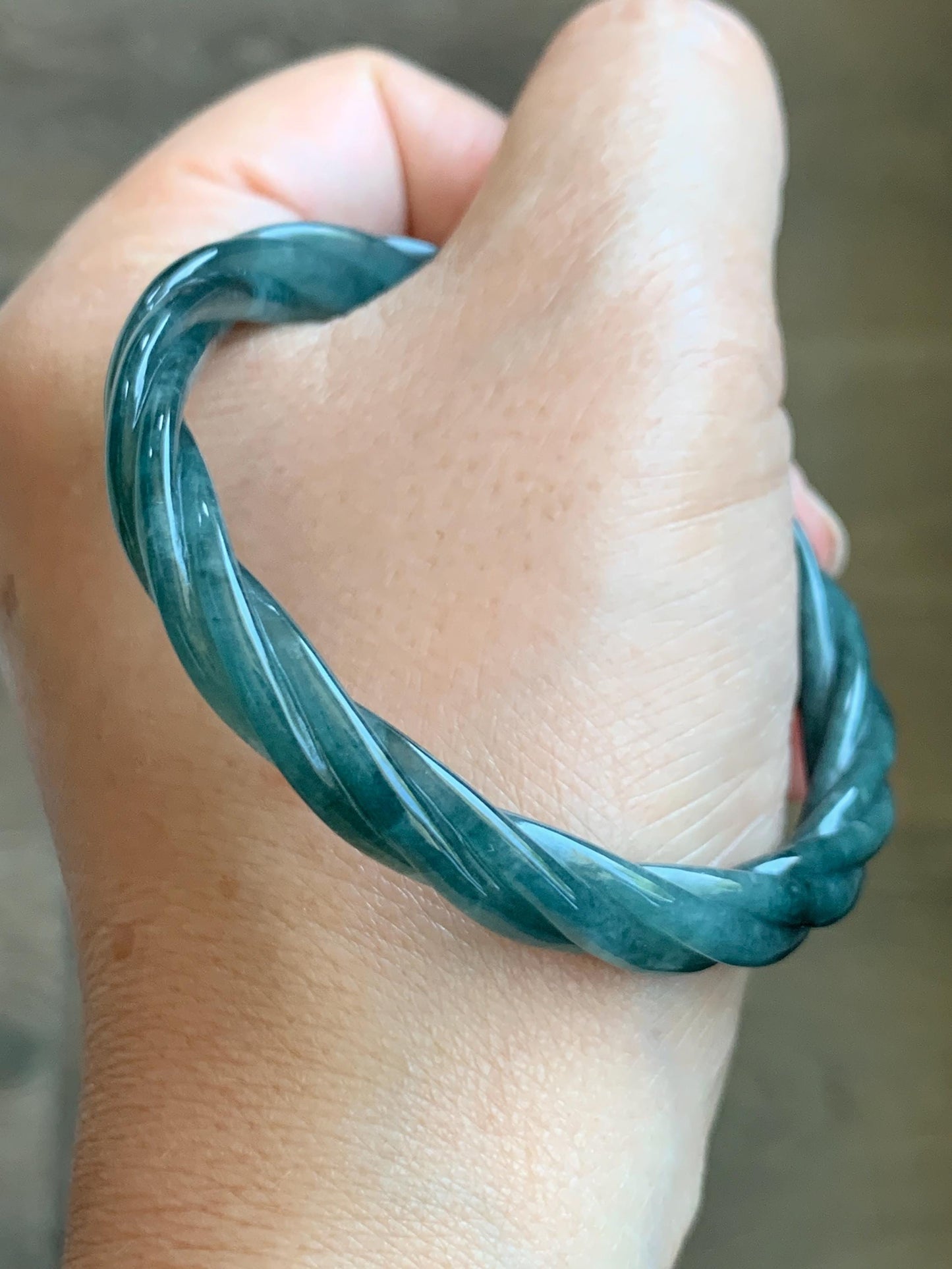 Certified Natural Grade A Guatemalan Icy Translucent Teal Blue Jadeite Carved Braid Bangle Bracelet 52.98mm 6.5” 19.64g 天然冰危蓝翡翠麻花贵妃手镯 9411