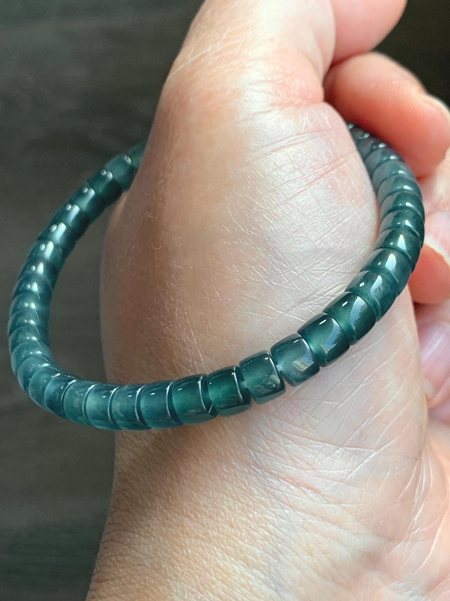Natural Guatemalan Icy Highly Translucent Gelatinous Teal Blue Jade Jadeite Flat Barrel Beads Beaded Bracelet 7.25” 14g 天然冰危篮翡翠桶珠手串 WLPZ320