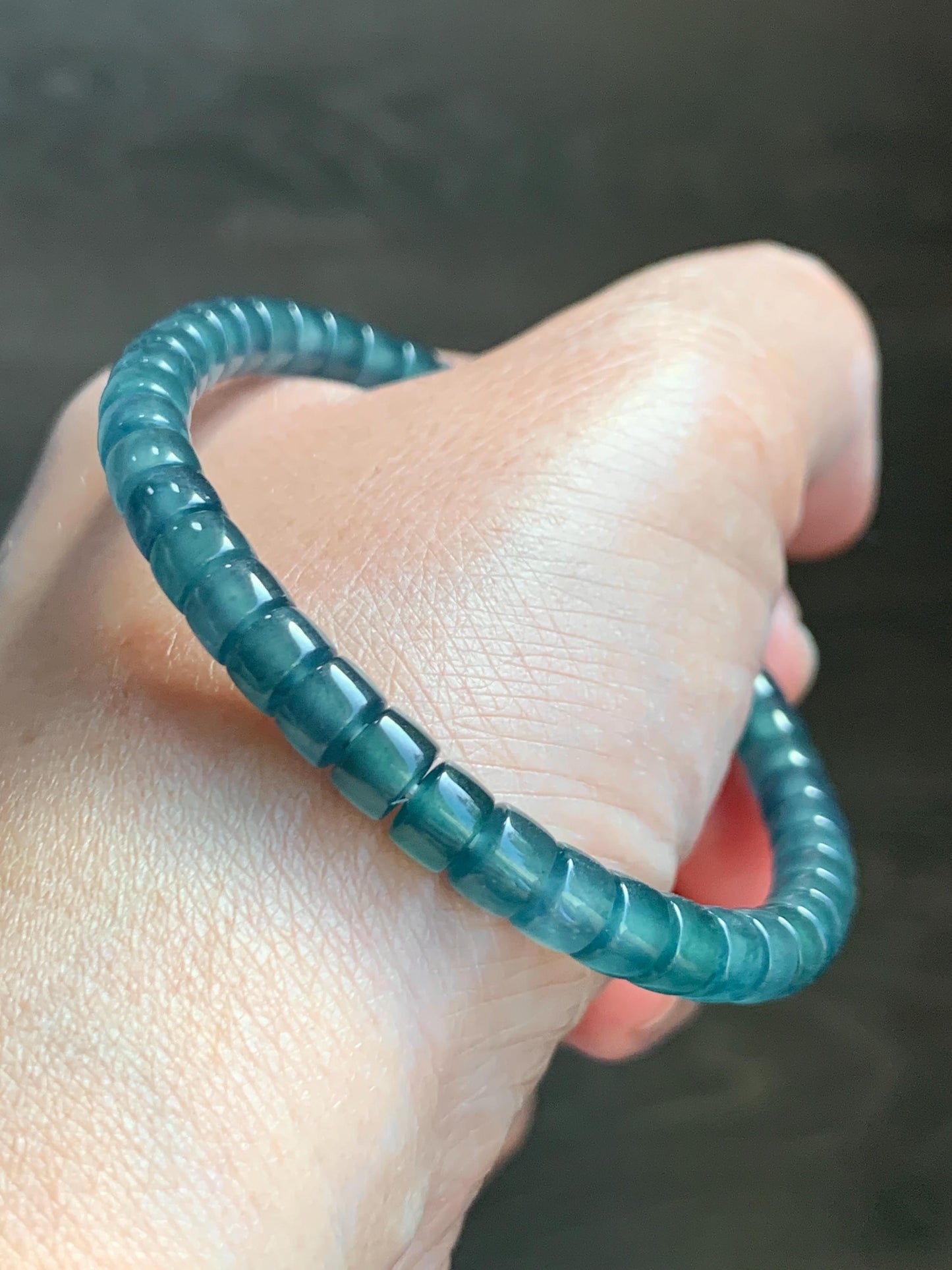 Natural Guatemalan Icy Highly Translucent Gelatinous Teal Blue Jade Jadeite Flat Barrel Beads Beaded Bracelet 7.25” 14g 天然冰危篮翡翠桶珠手串 WLPZ320