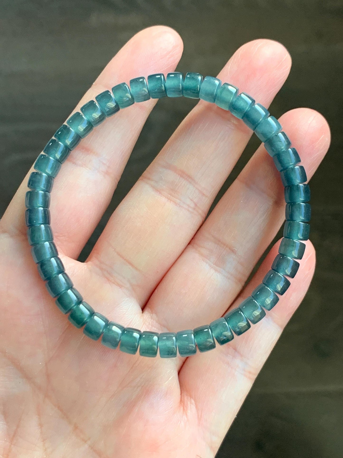Natural Guatemalan Icy Highly Translucent Gelatinous Teal Blue Jade Jadeite Flat Barrel Beads Beaded Bracelet 7.25” 14g 天然冰危篮翡翠桶珠手串 WLPZ320