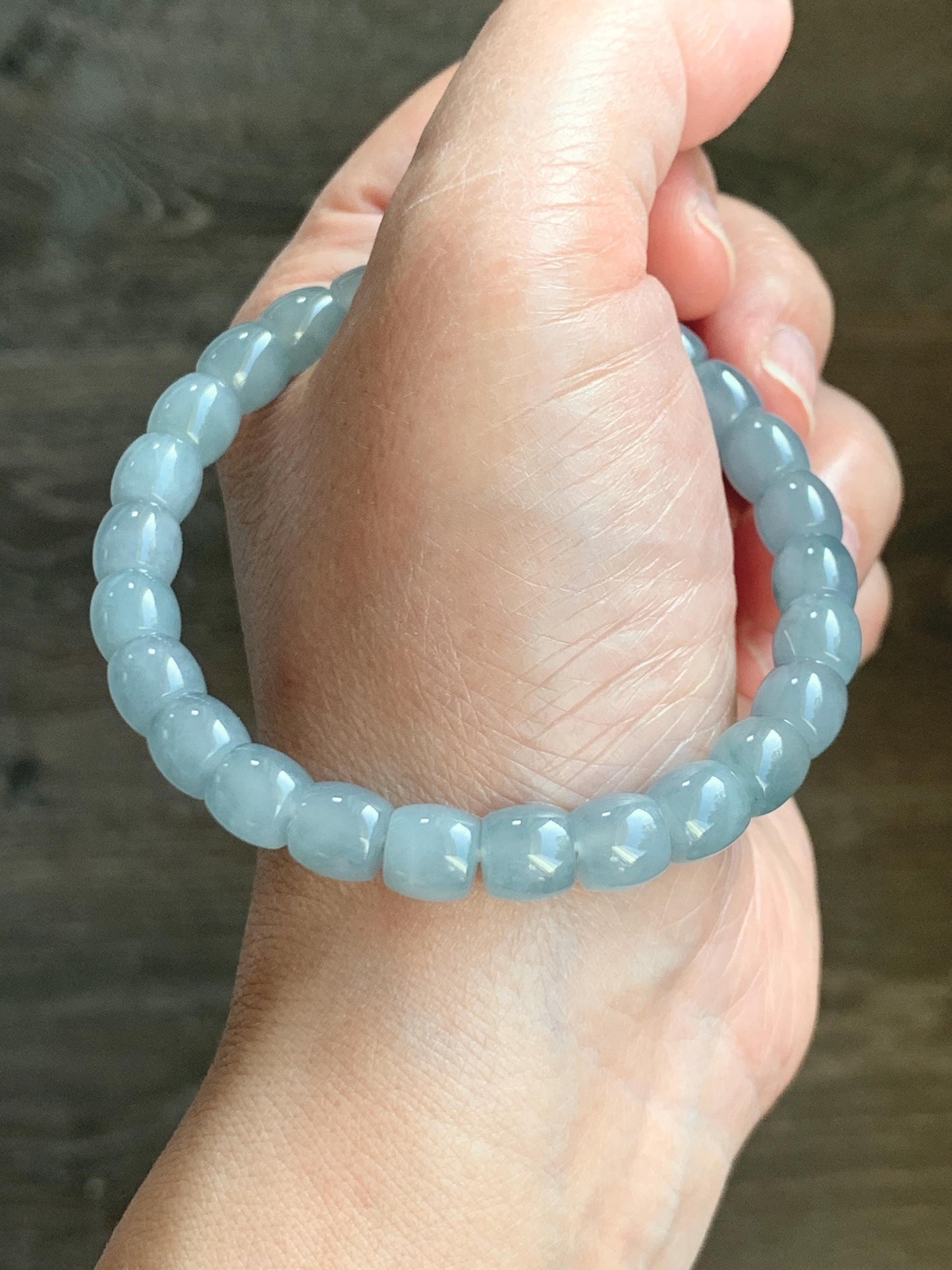Natural Grade A Guatemalan Icy Highly Translucent Pastel Blue Jade Jadeite Barrel Beads Beaded Bracelet 7.5” 23g 天然冰胶危淡篮翡翠桶珠手串 DLW220