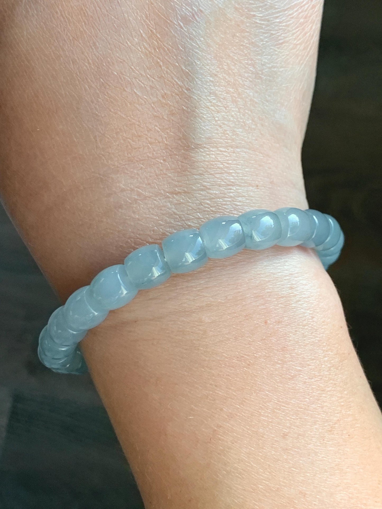Natural Grade A Guatemalan Icy Highly Translucent Pastel Blue Jade Jadeite Barrel Beads Beaded Bracelet 7.5” 23g 天然冰胶危淡篮翡翠桶珠手串 DLW220