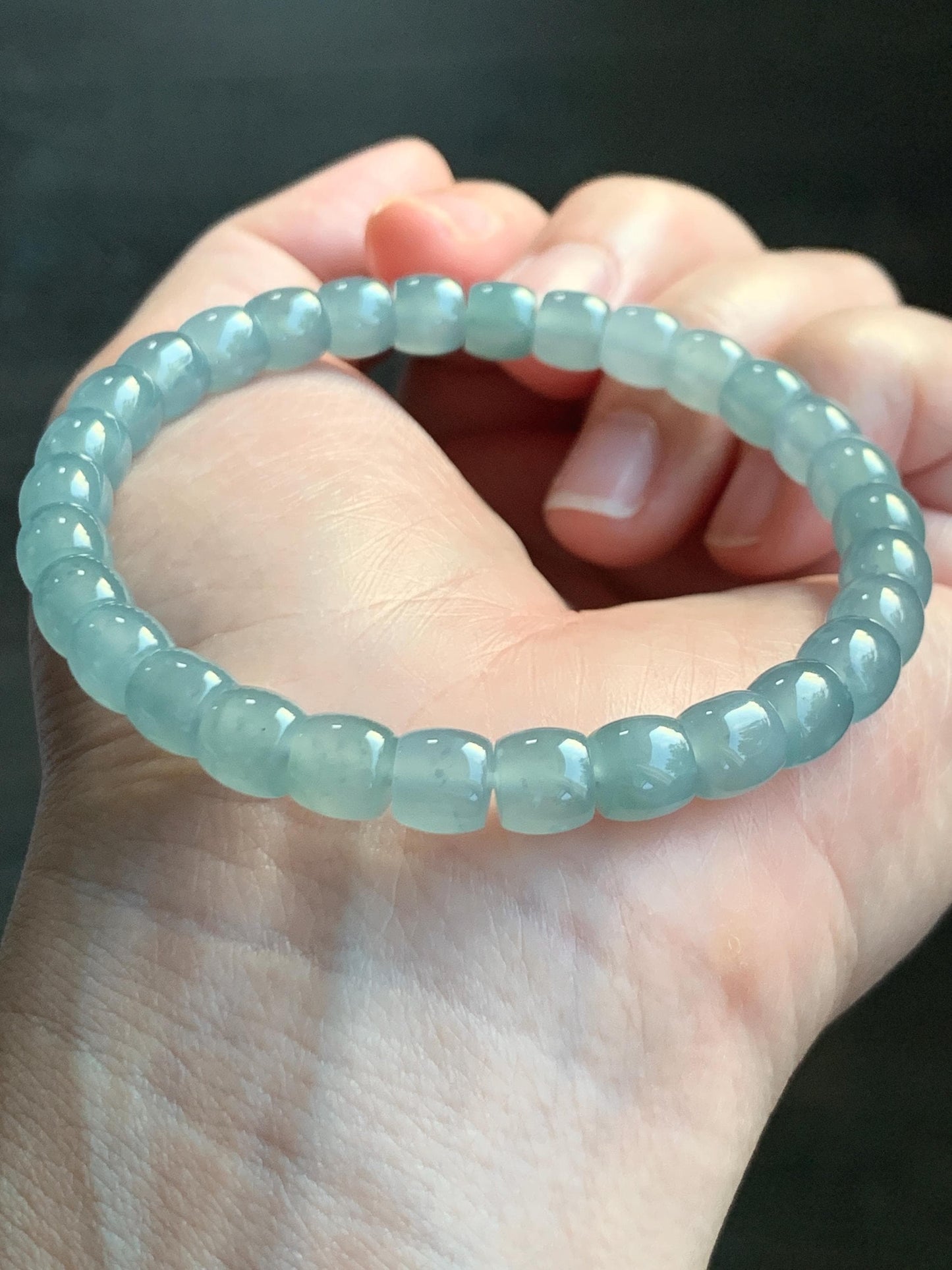 Natural Grade A Guatemalan Icy Highly Translucent Pastel Green Jadeite Barrel Beads Beaded Bracelet 7.25” 19g 天然冰胶危淡晴绿翡翠桶珠手串 DLUW220