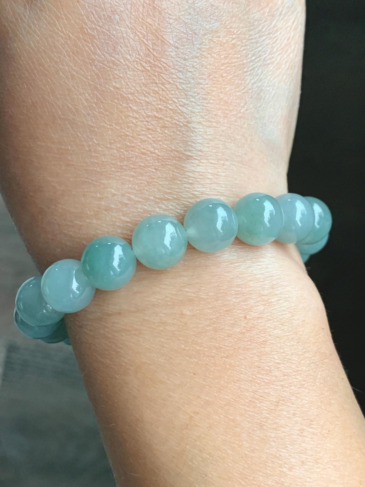 Natural Grade A Icy Translucent Gelatinous Dusty Teal Blue Green Jade Jadeite Beaded Bracelet 10.5mm 7.25" 38g 天然冰胶淡晴色翡翠手串 MLL330