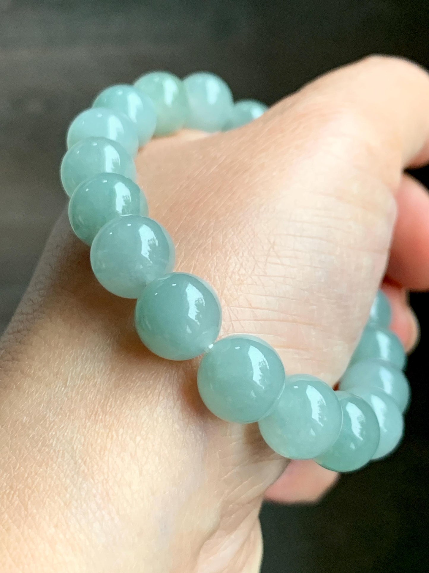 Natural Grade A Icy Translucent Gelatinous Dusty Teal Blue Green Jade Jadeite Beaded Bracelet 10.5mm 7.25" 38g 天然冰胶淡晴色翡翠手串 MLL330