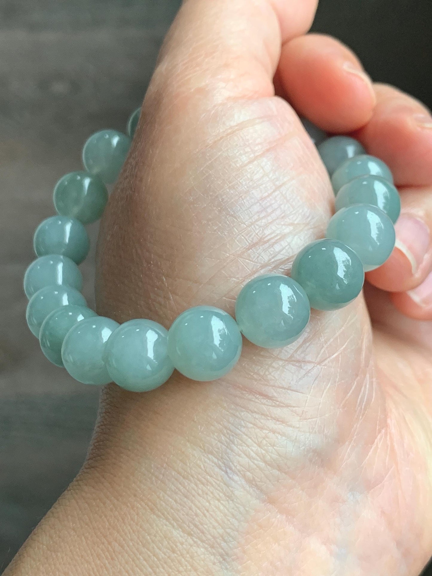 Natural Grade A Icy Translucent Gelatinous Dusty Teal Blue Green Jade Jadeite Beaded Bracelet 10.5mm 7.25" 38g 天然冰胶淡晴色翡翠手串 MLL330