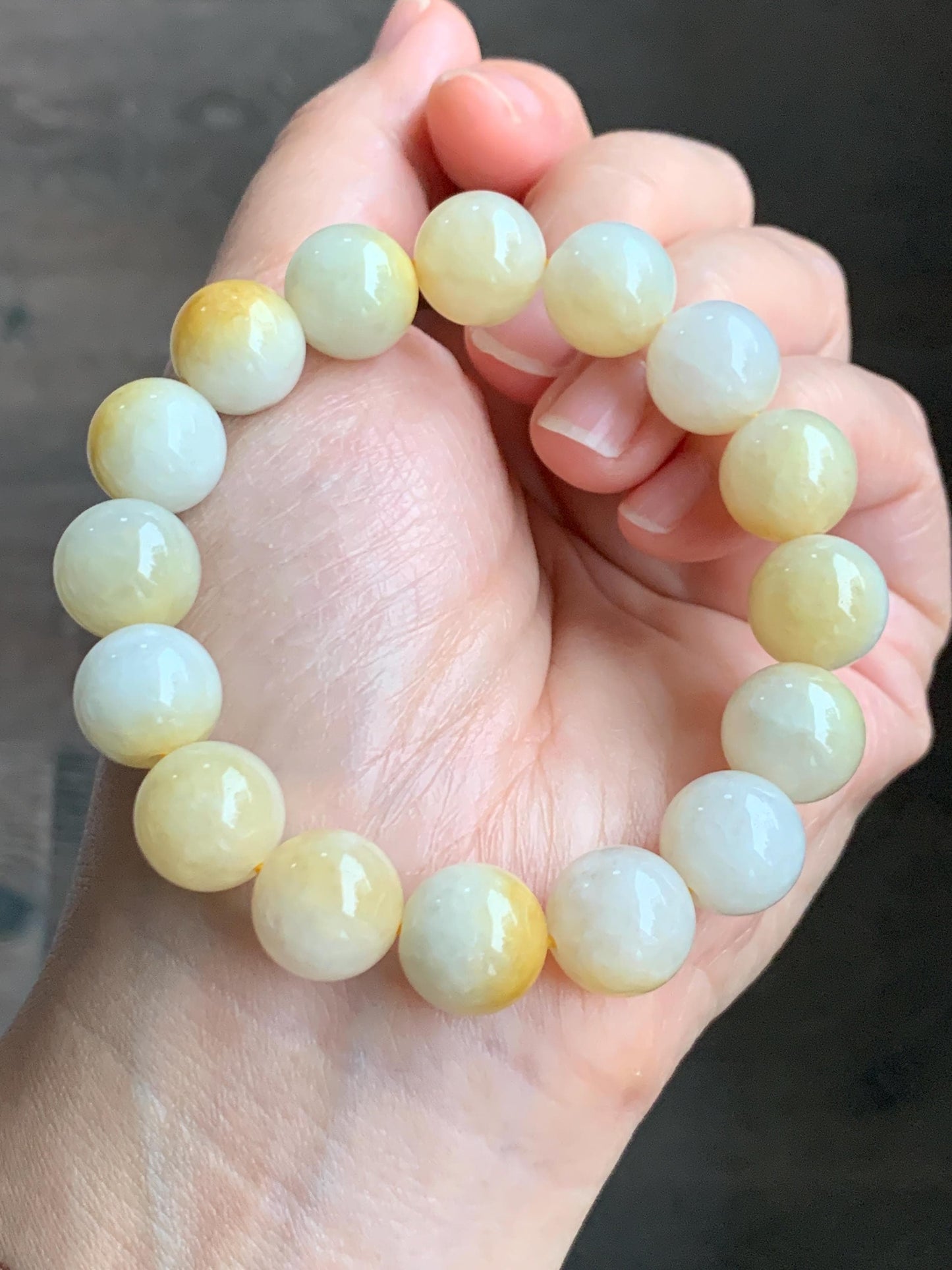 Natural Grade A Icy Translucent White & Bright Yellow Marbled Jade Jadeite Large Beads Beaded Bracelet 12.4mm 7.25" 54g 天然冰飘黄翡翠大卡圆珠手串 MPH330