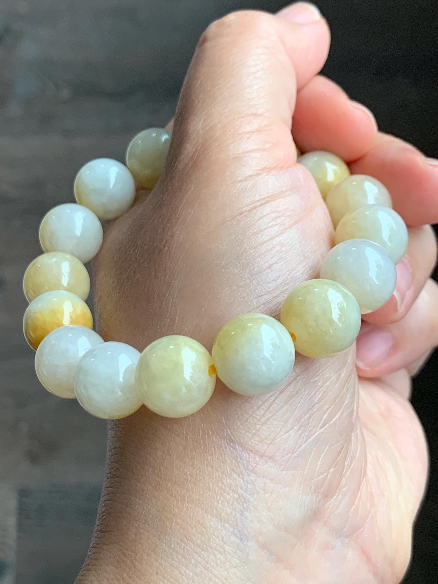 Natural Grade A Icy Translucent White & Bright Yellow Marbled Jade Jadeite Large Beads Beaded Bracelet 12.4mm 7.25" 54g 天然冰飘黄翡翠大卡圆珠手串 MPH330