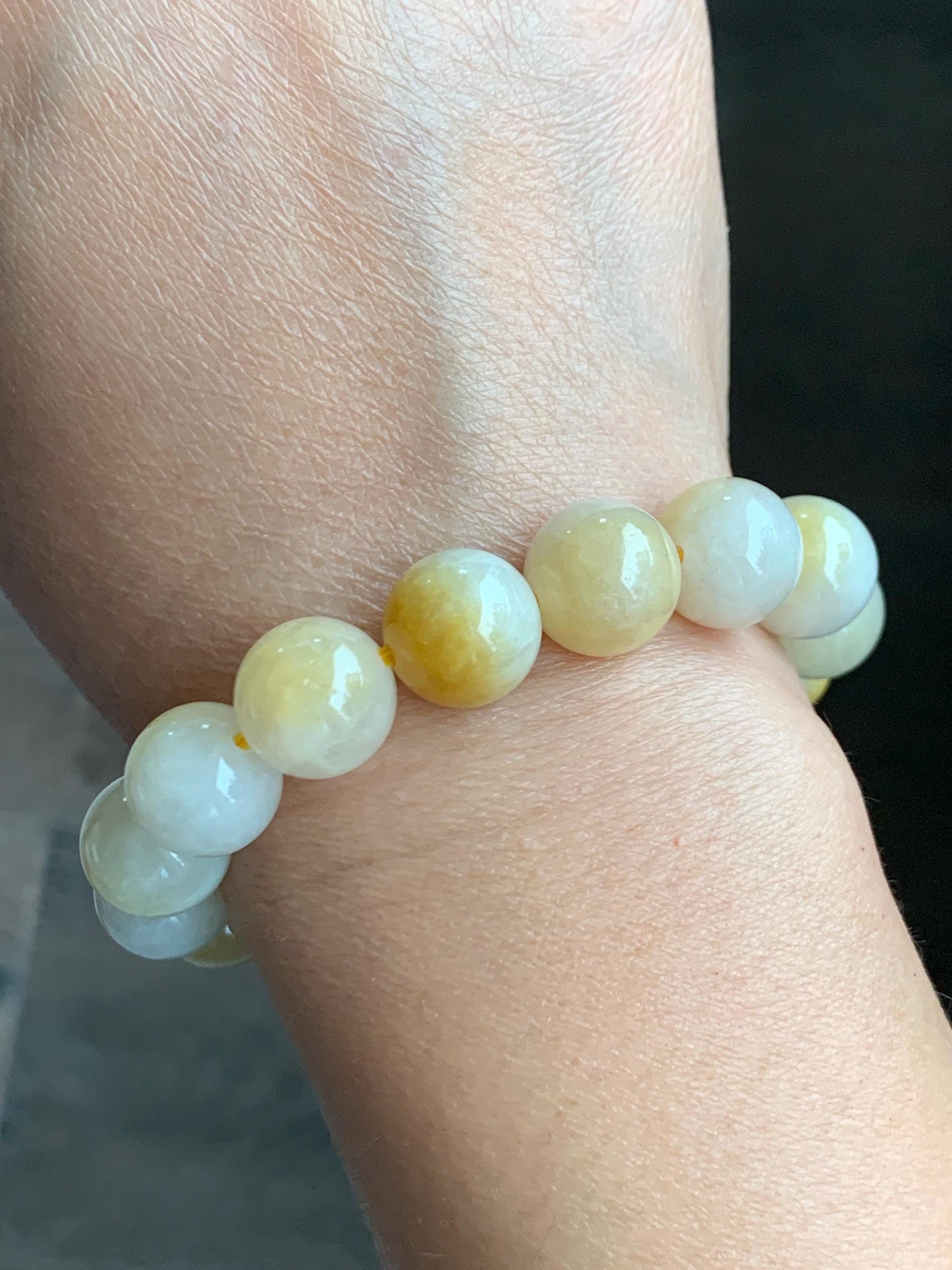 Natural Grade A Icy Translucent White & Bright Yellow Marbled Jade Jadeite Large Beads Beaded Bracelet 12.4mm 7.25" 54g 天然冰飘黄翡翠大卡圆珠手串 MPH330