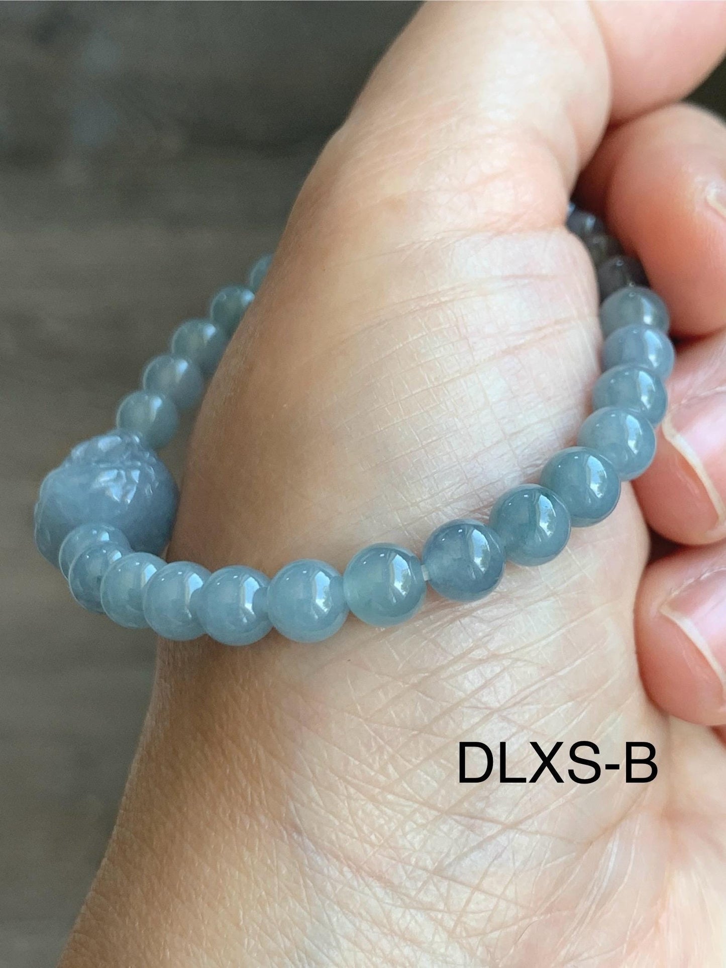 Natural Grade A Guatemalan Icy Translucent Gelatinous Pastel Dusty Blue Jade Jadeite Dancing Lion Bead Beaded Bracelet 天然冰胶危淡蓝翡翠醒狮珠手串 DLXS