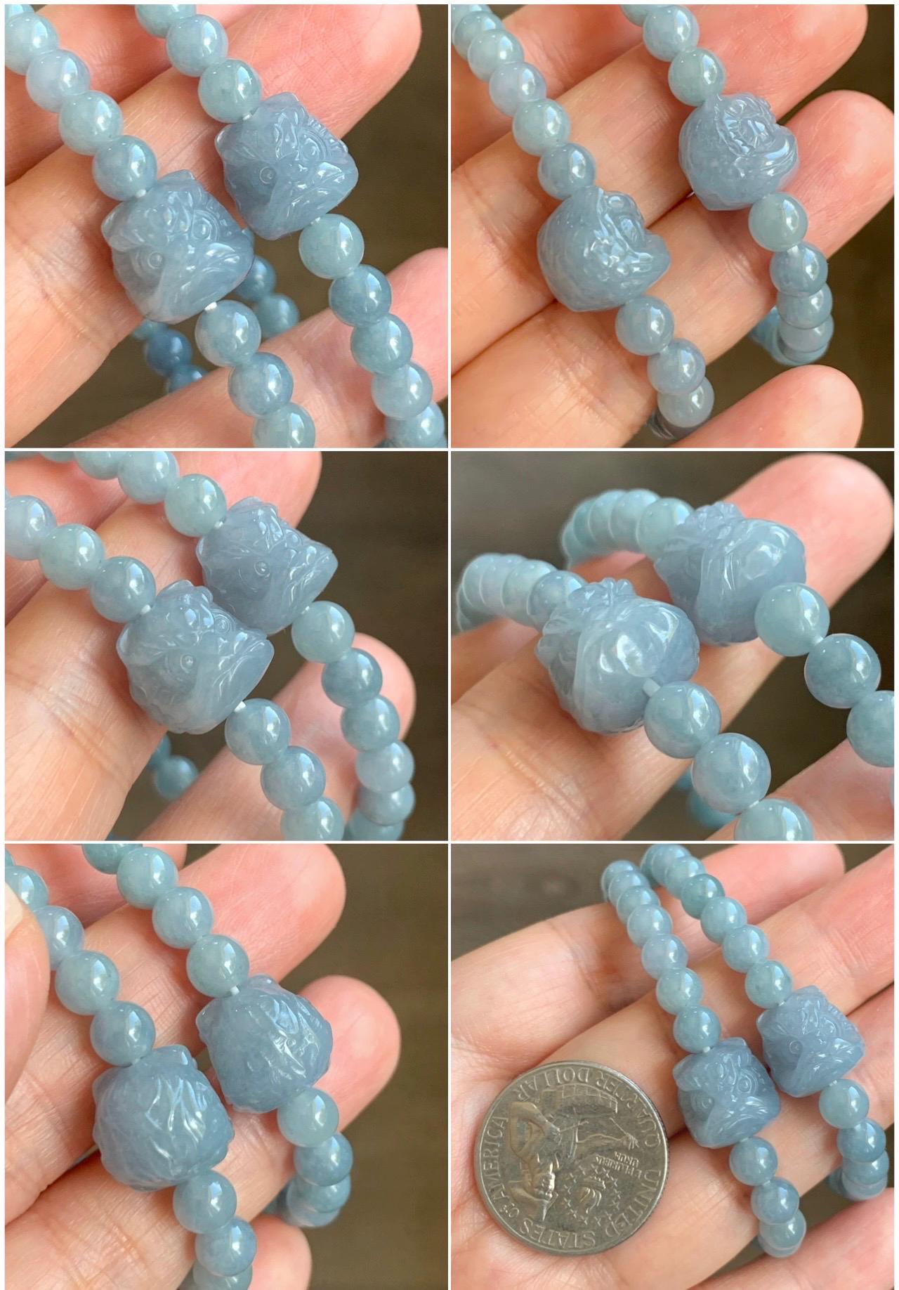 Natural Grade A Guatemalan Icy Translucent Gelatinous Pastel Dusty Blue Jade Jadeite Dancing Lion Bead Beaded Bracelet 天然冰胶危淡蓝翡翠醒狮珠手串 DLXS