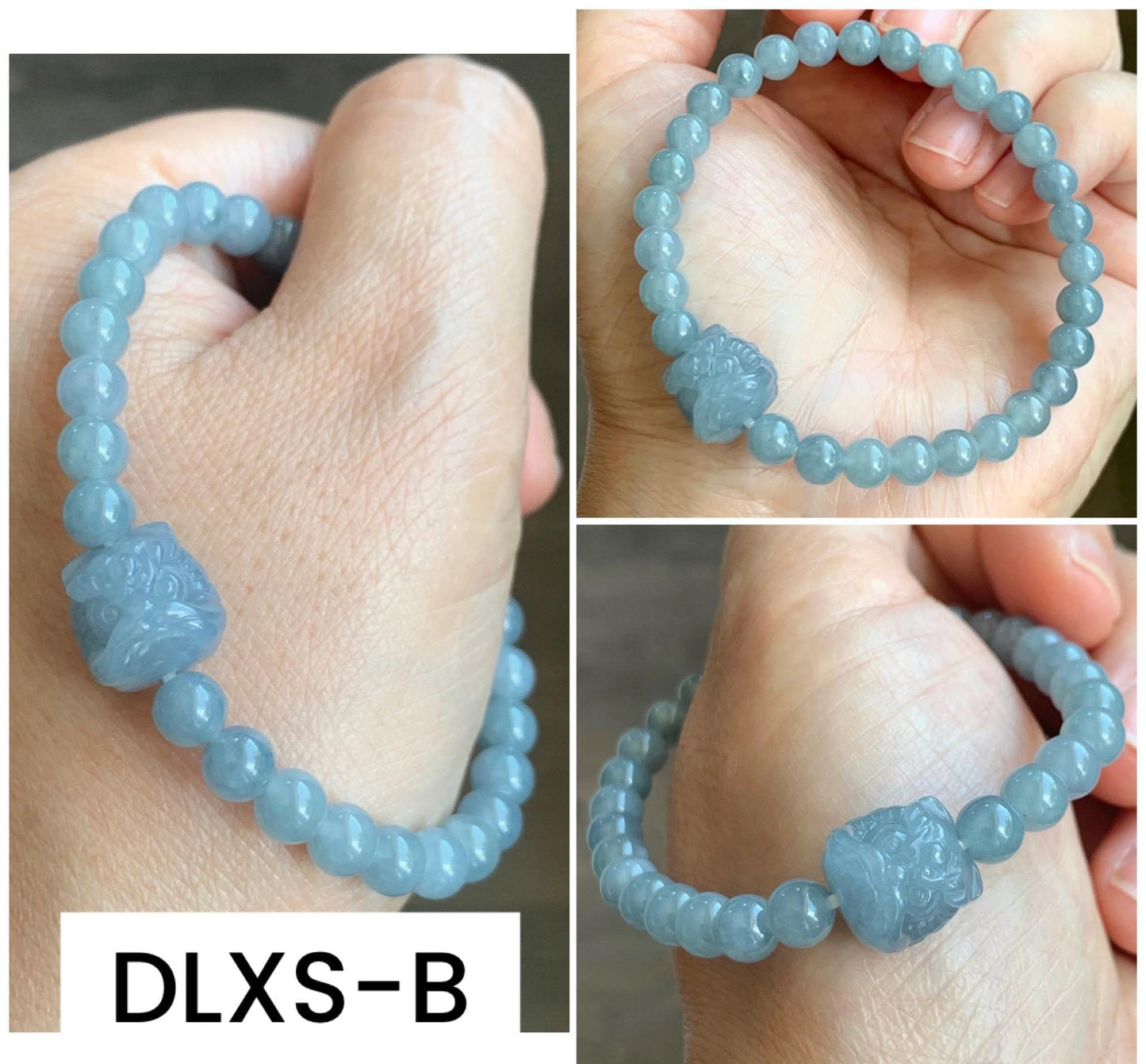 Natural Grade A Guatemalan Icy Translucent Gelatinous Pastel Dusty Blue Jade Jadeite Dancing Lion Bead Beaded Bracelet 天然冰胶危淡蓝翡翠醒狮珠手串 DLXS